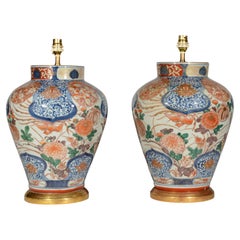 Pair of Japanese Imari Blue and Red 18th Century Antique Table Lamps