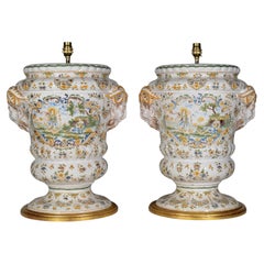 French Faience Pair of Moustiers Style Compana Form 19th Century Table Lamps