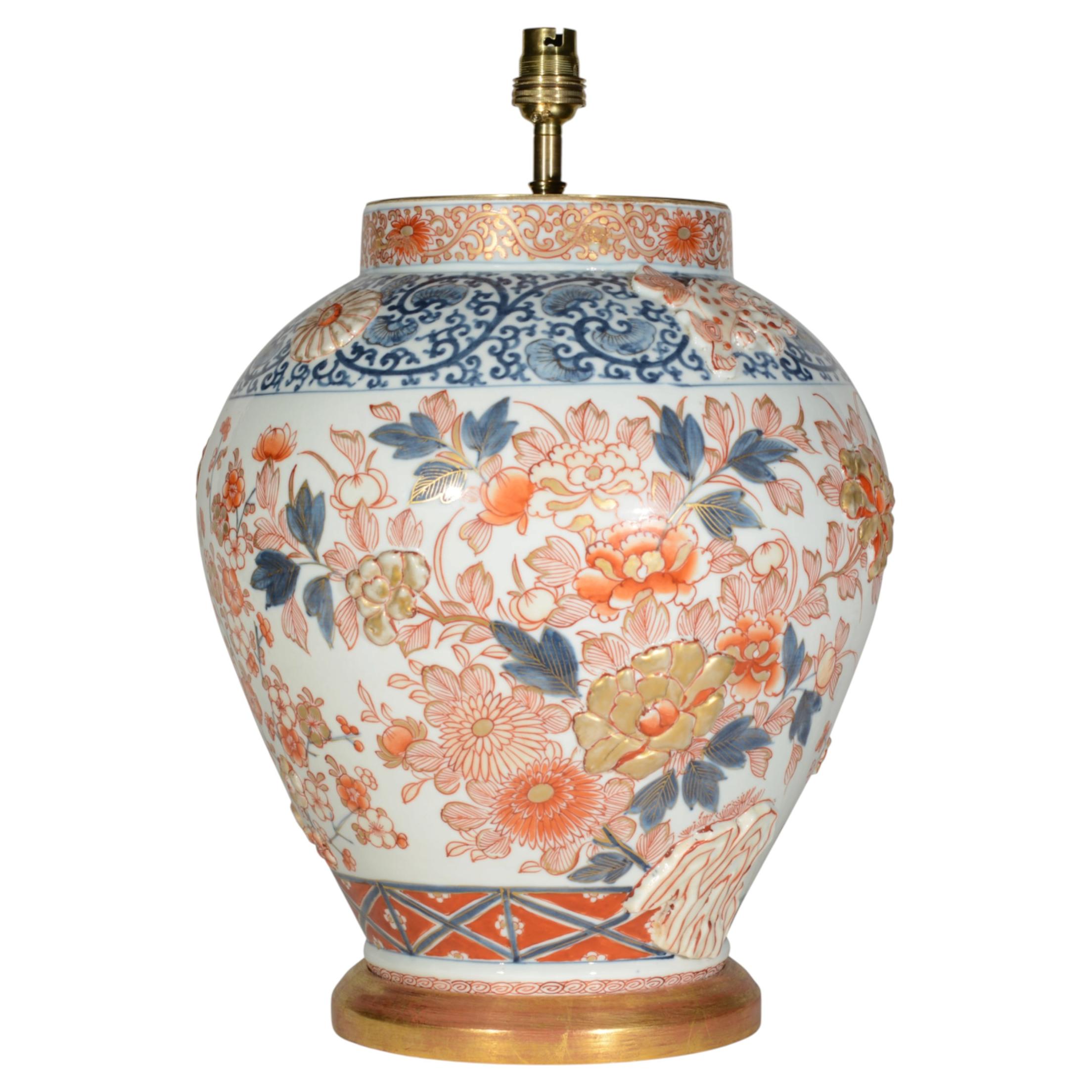 Lampe de table japonaise en céramique « Imari Palette » du XIXe siècle, avec socle doré
