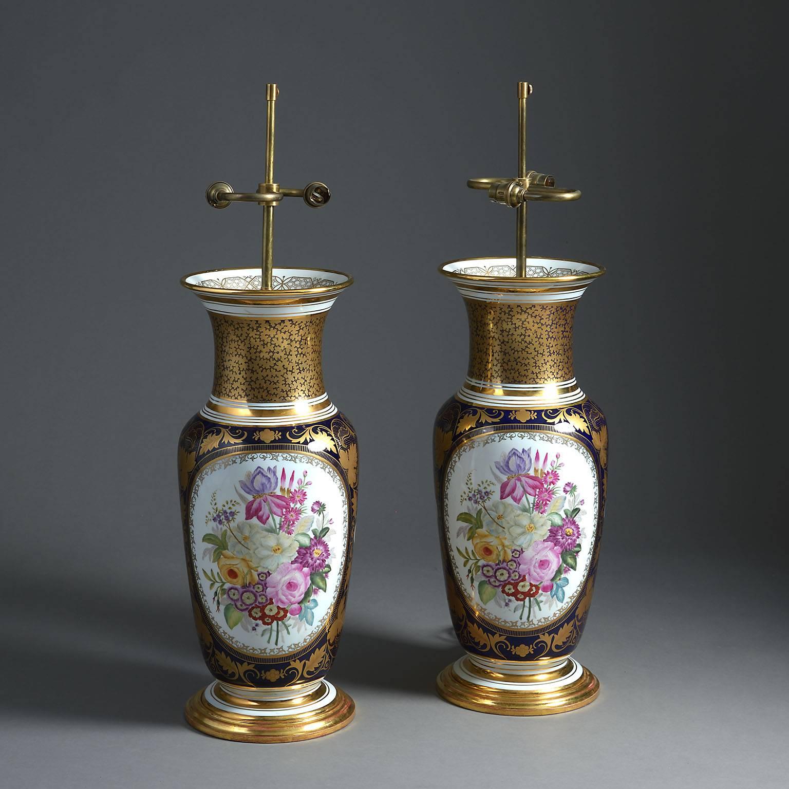 Pair of Large Paris Porcelain Vases with Floral Panels Mounted as Lamps In Good Condition For Sale In London, GB