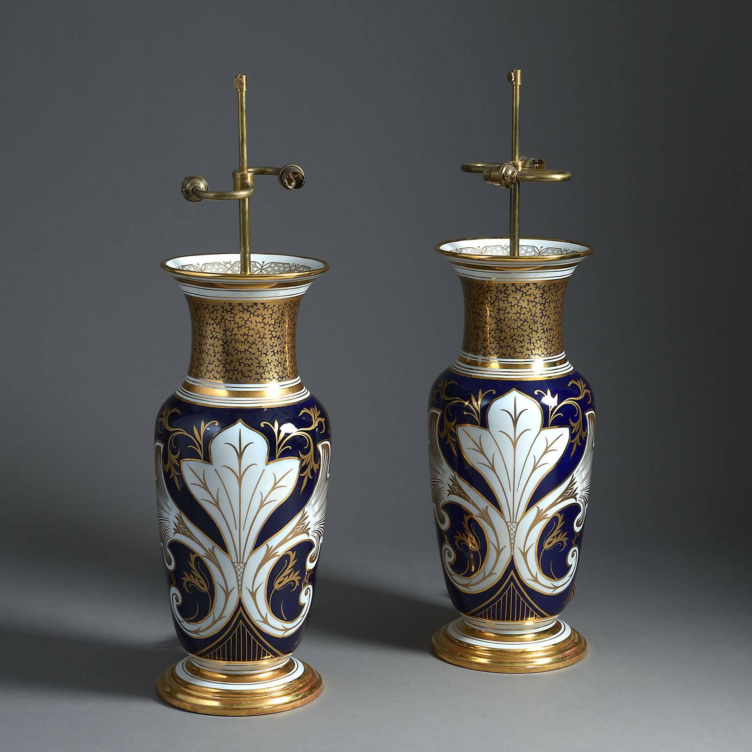19th Century Pair of Large Paris Porcelain Vases with Floral Panels Mounted as Lamps For Sale