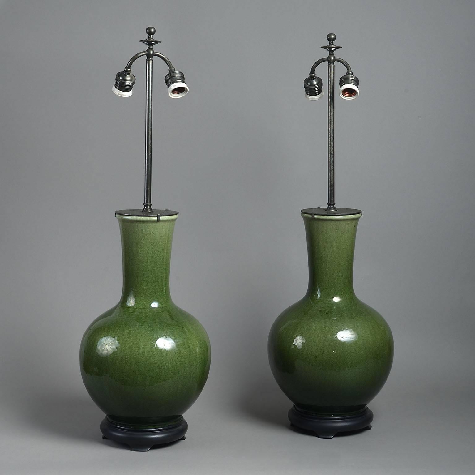Pair of Large 19th Century Green Craquellure Chinese Vases Mounted as Lamps 1