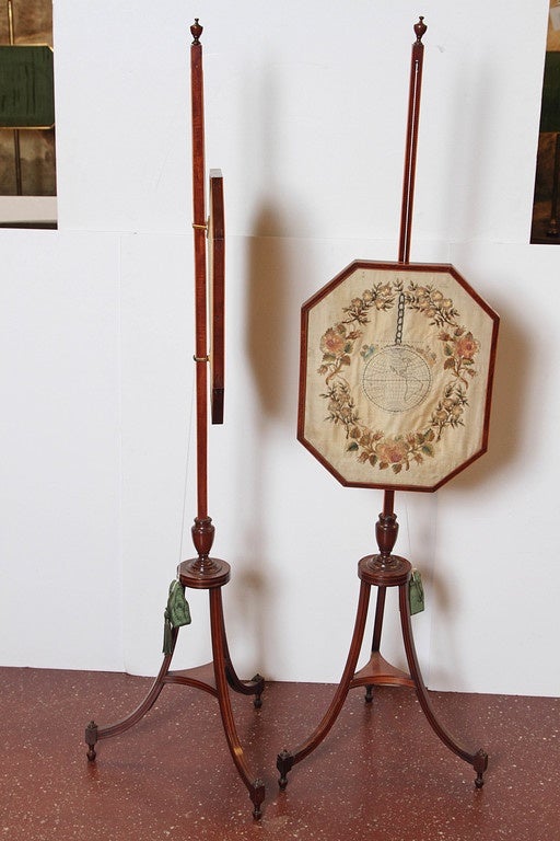 Great Britain (UK) Pair of 19th Century Regency Silk Needlework Pole Screens