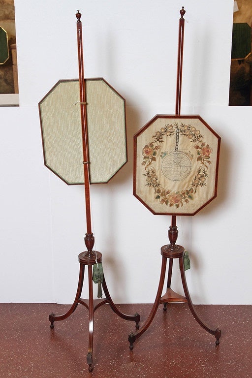 Pair of 19th Century Regency Silk Needlework Pole Screens In Good Condition In Dallas, TX