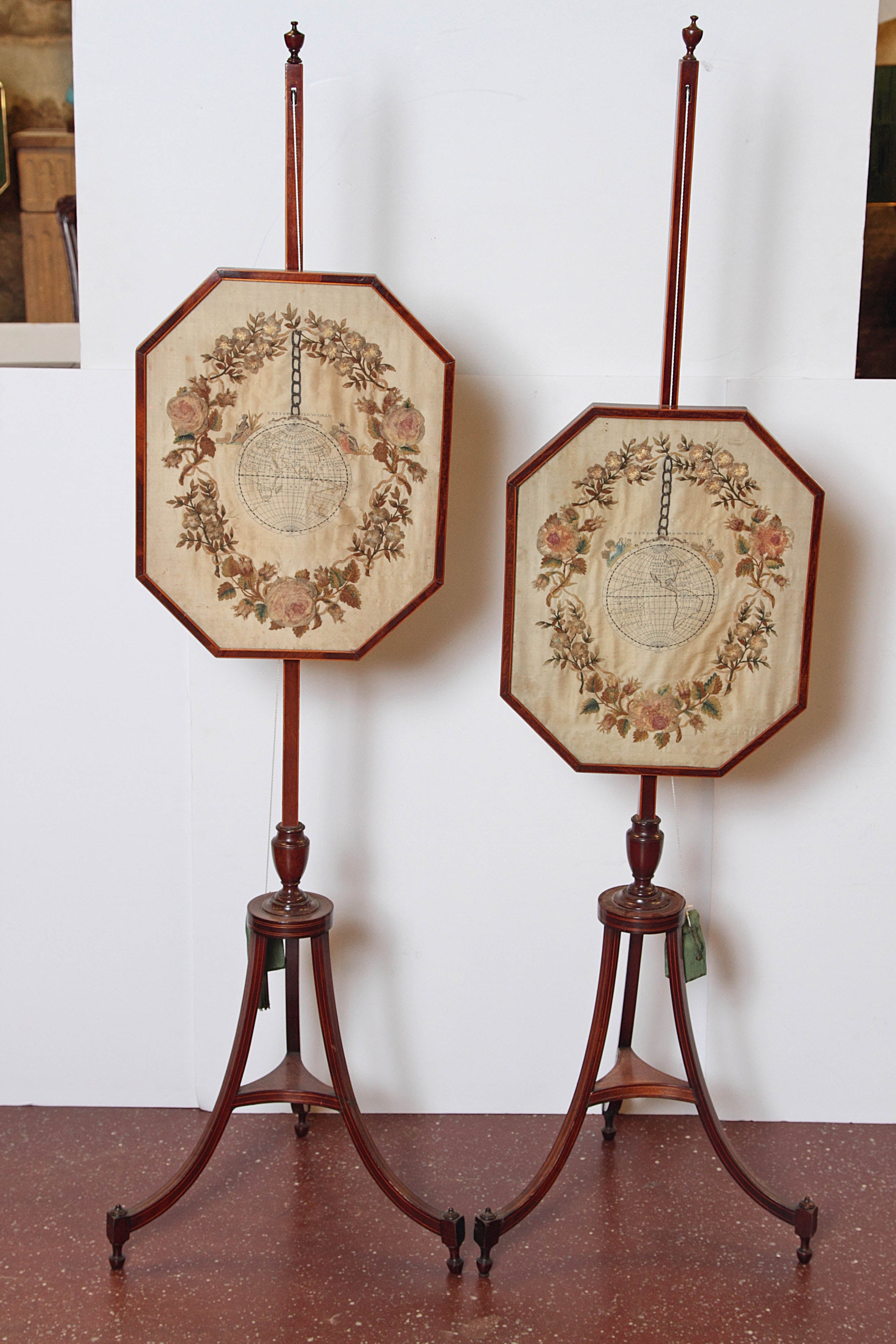 Pair of 19th Century Regency Silk Needlework Pole Screens