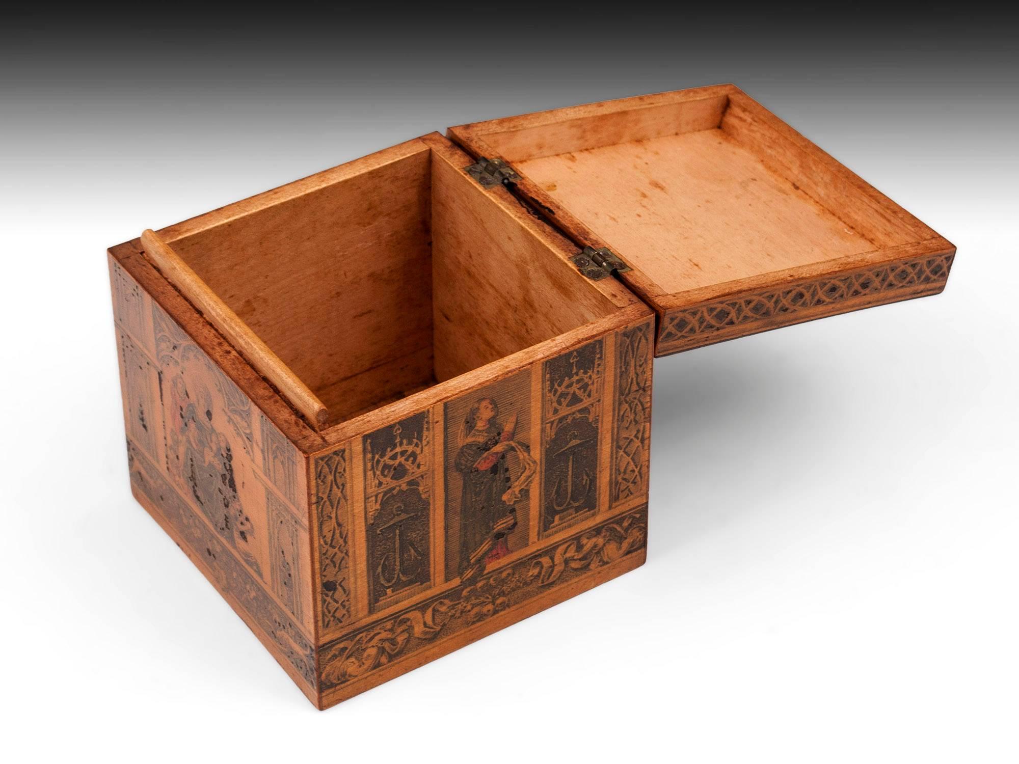 Wood Penwork Italian Tea Caddy with Painted Religious Scenes, 19th Century