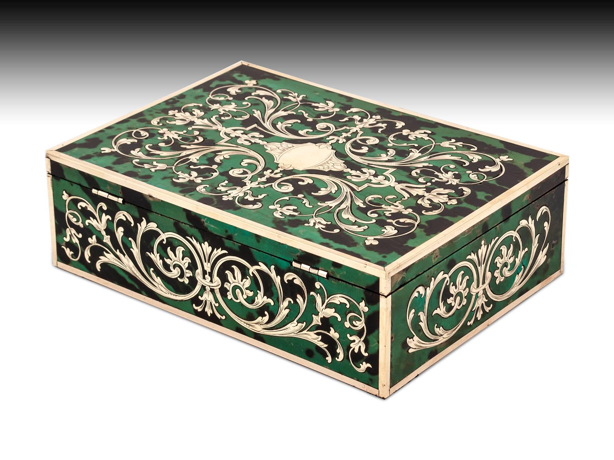 Inlay Green Tortoiseshell and Brass Boulle Jewelry Box, 19th Century