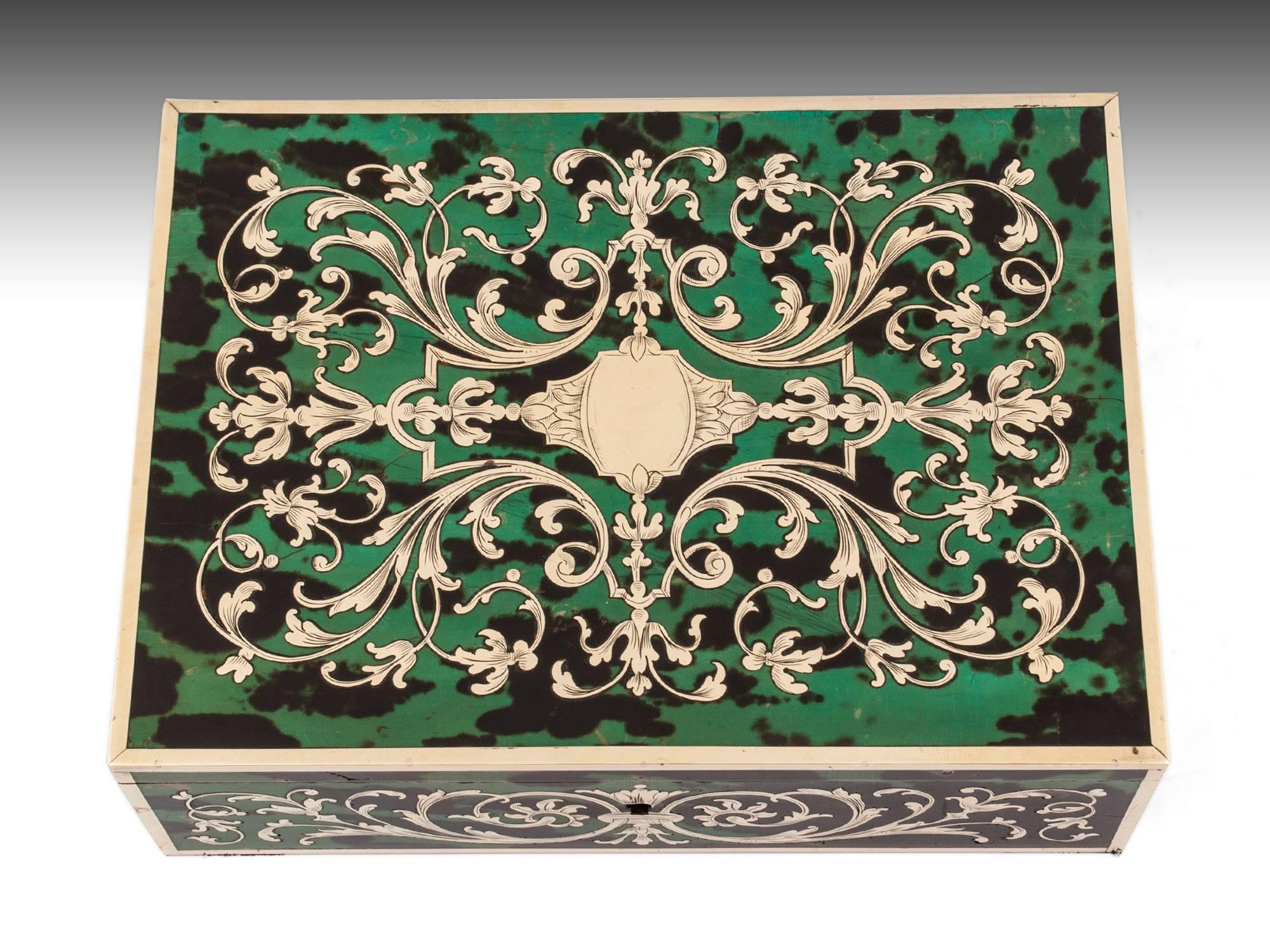 Victorian Green Tortoiseshell and Brass Boulle Jewelry Box, 19th Century