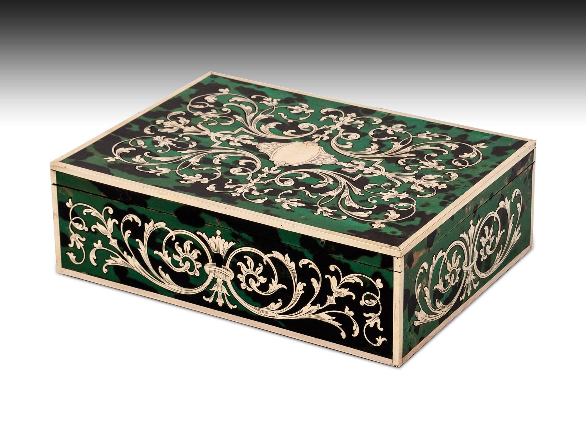 British Green Tortoiseshell and Brass Boulle Jewelry Box, 19th Century