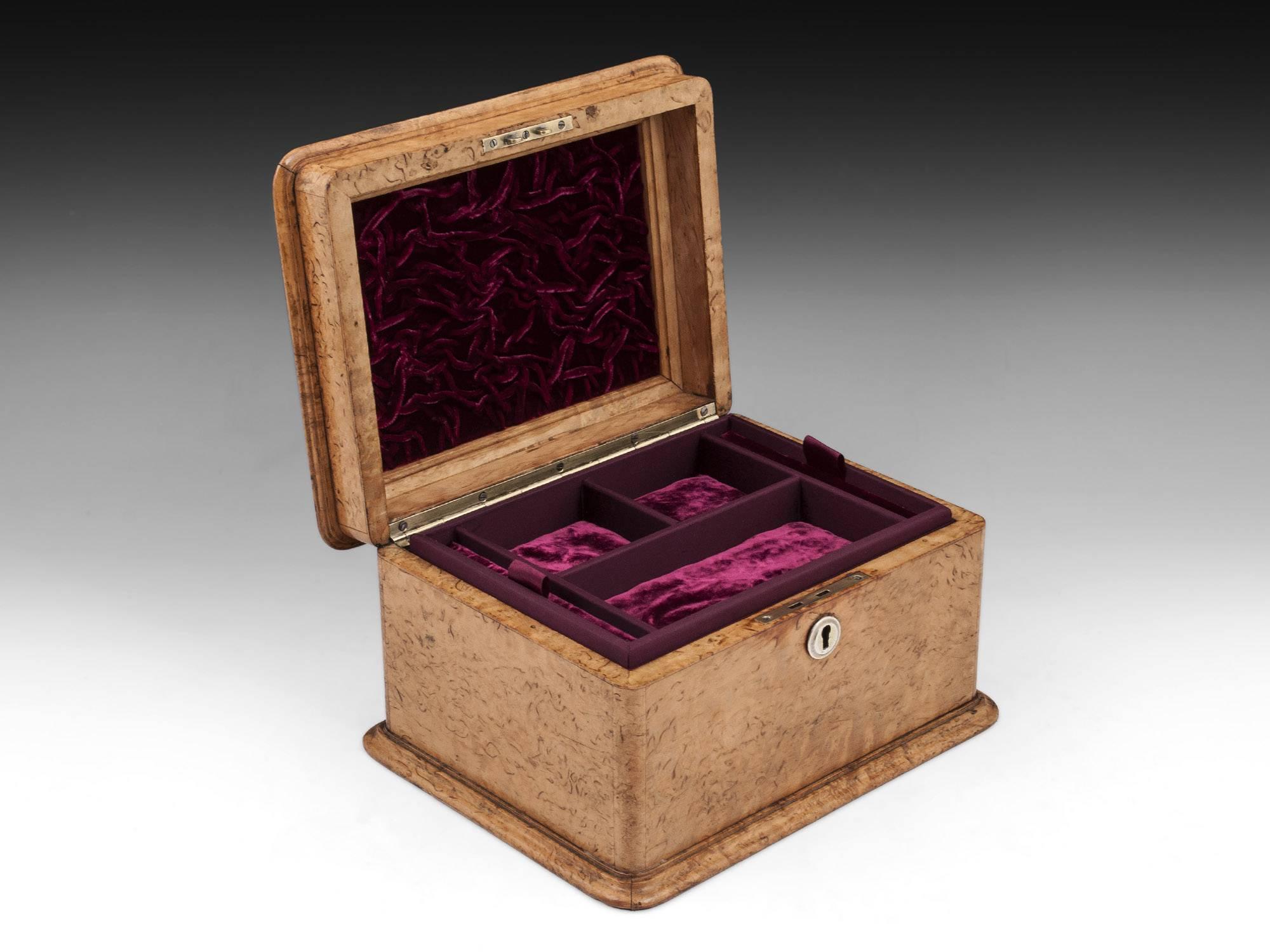 British Antique Masur Birch Velvet Lined Jewelry Box, 20th Century