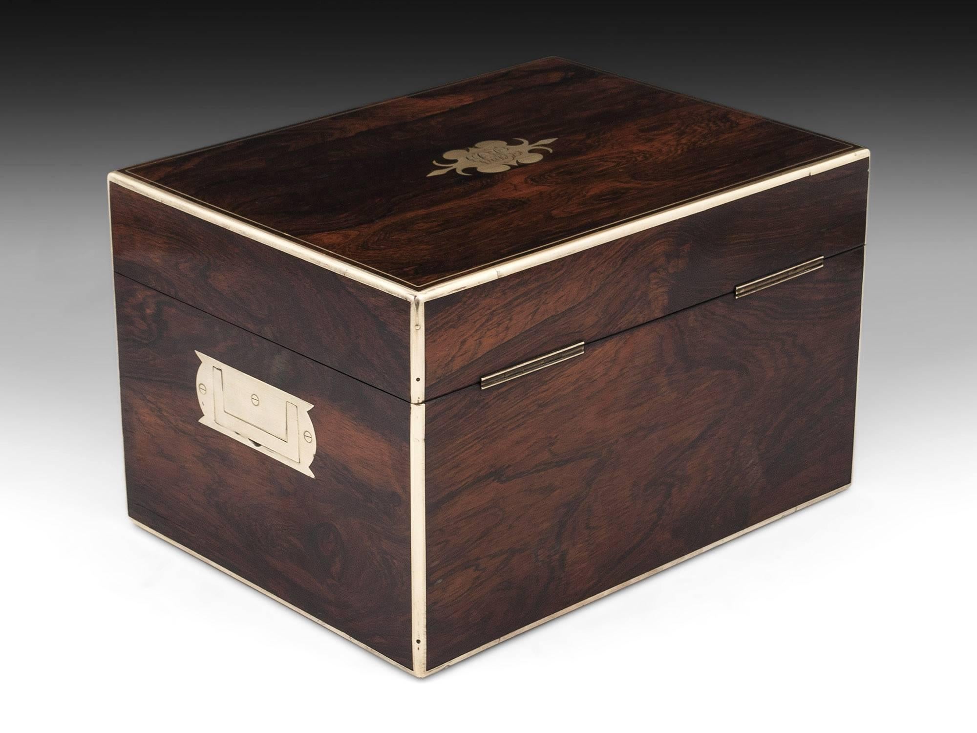 British Rosewood Brass Bound Jewelry Box with Campaign Carry Handles, 19th Century