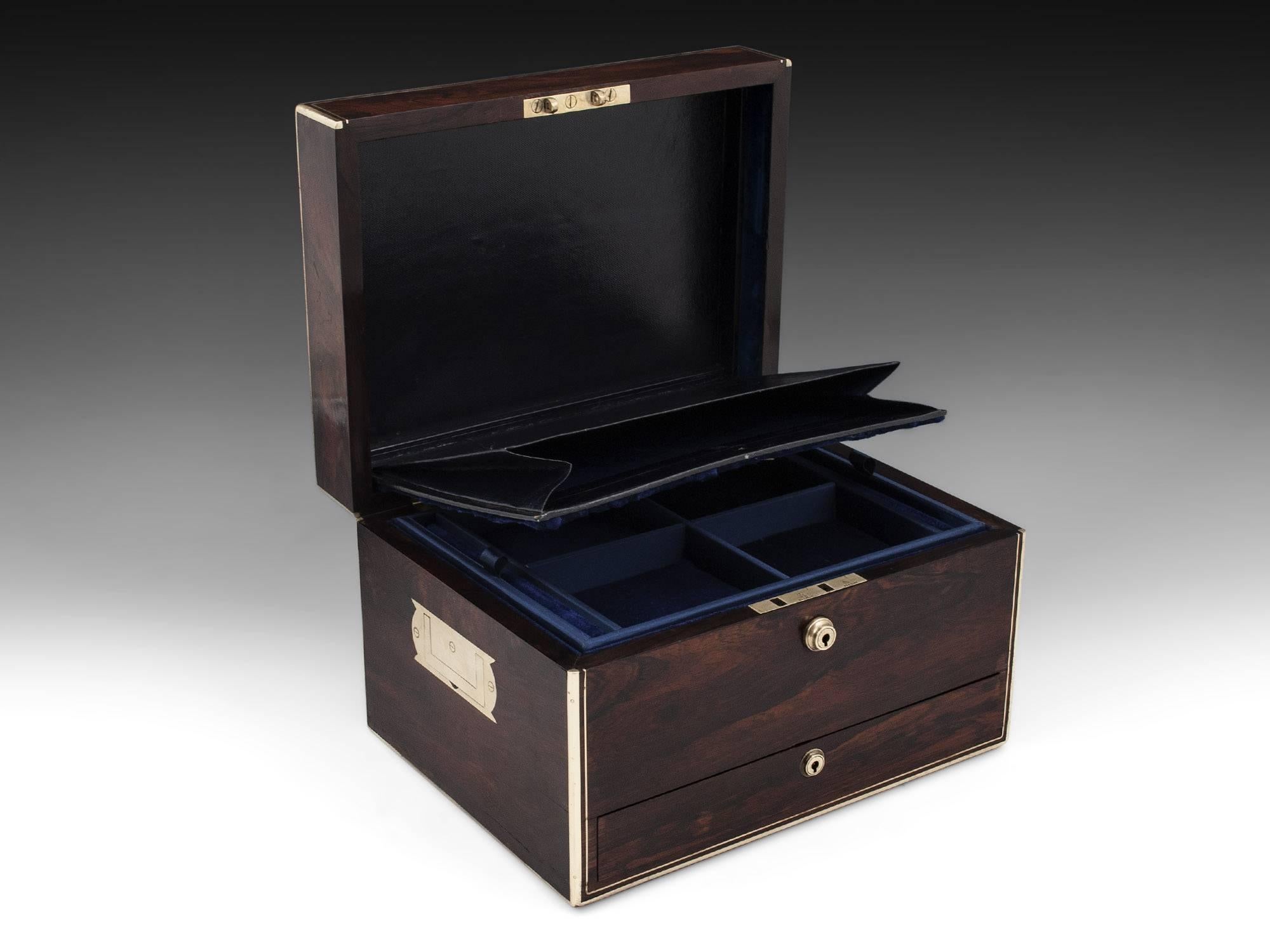 Rosewood Brass Bound Jewelry Box with Campaign Carry Handles, 19th Century 2