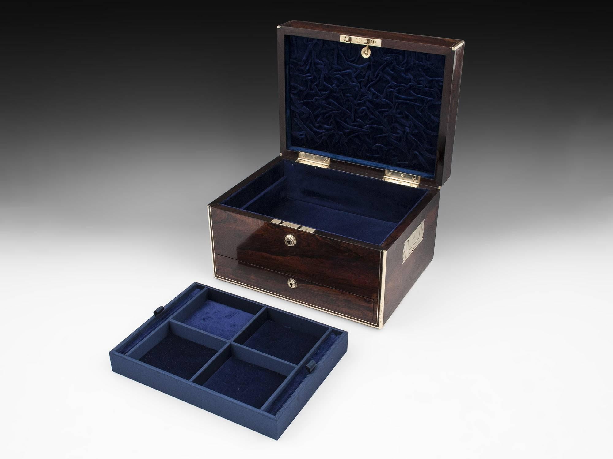 Rosewood Brass Bound Jewelry Box with Campaign Carry Handles, 19th Century 3