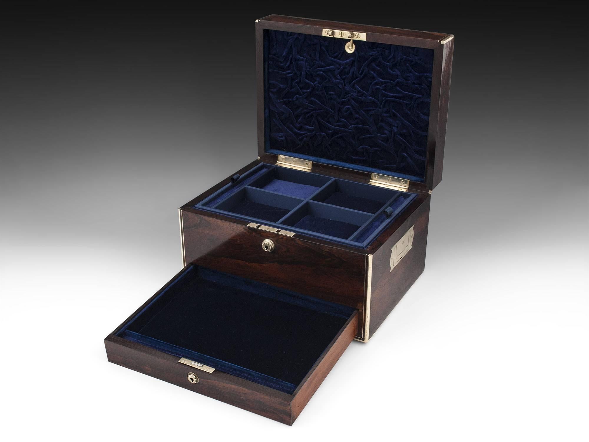 Rosewood Brass Bound Jewelry Box with Campaign Carry Handles, 19th Century 4