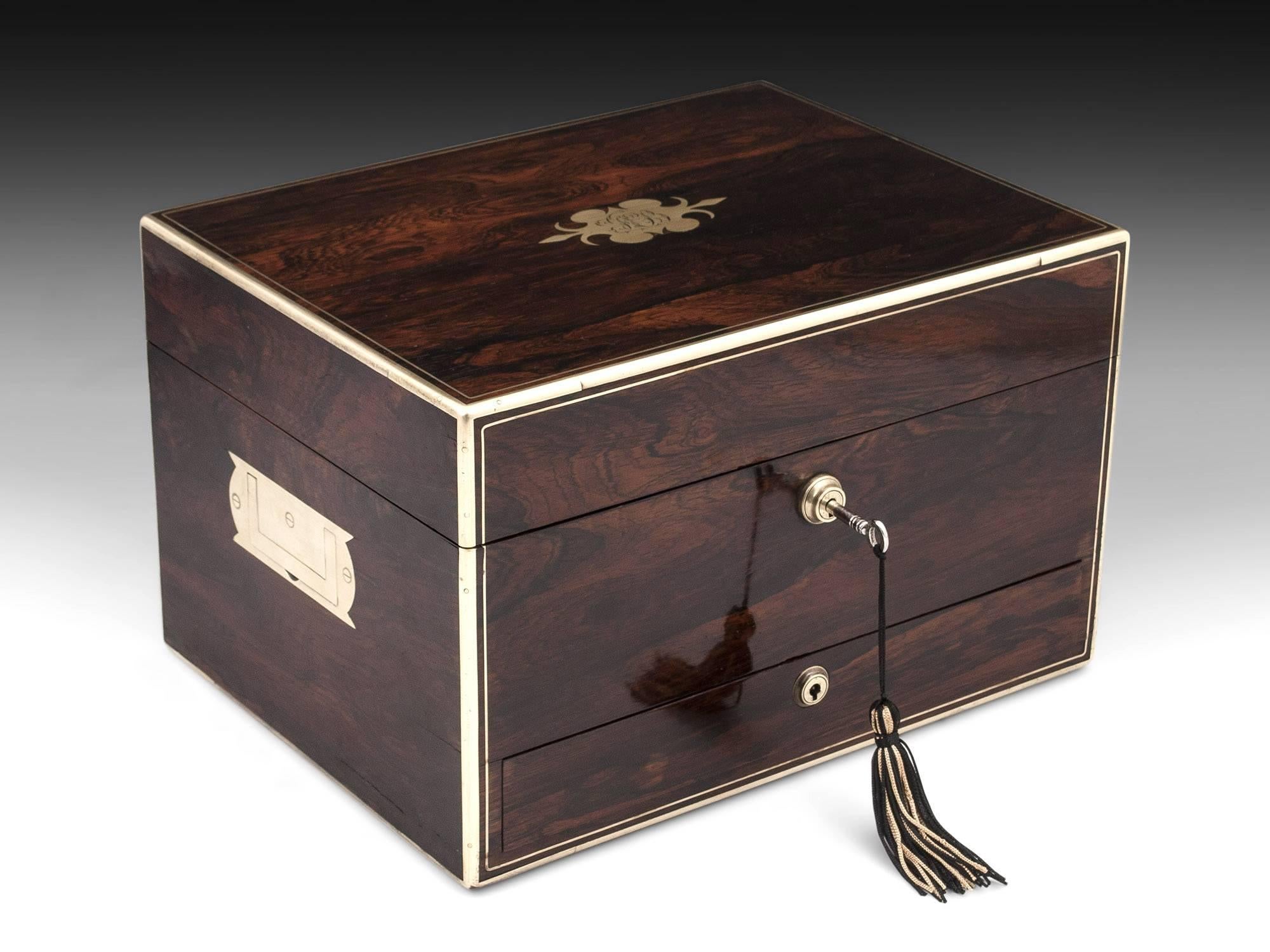 Rosewood Brass Bound Jewelry Box with Campaign Carry Handles, 19th Century 5