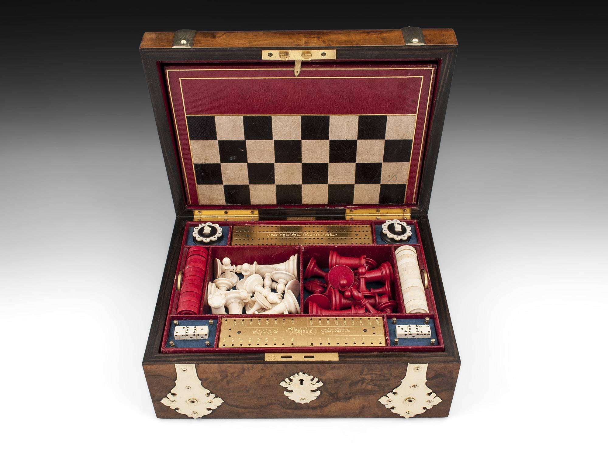 19th Century Antique Backgammon Chess Games Compendium Poker Box with Ornate Brasswork For Sale
