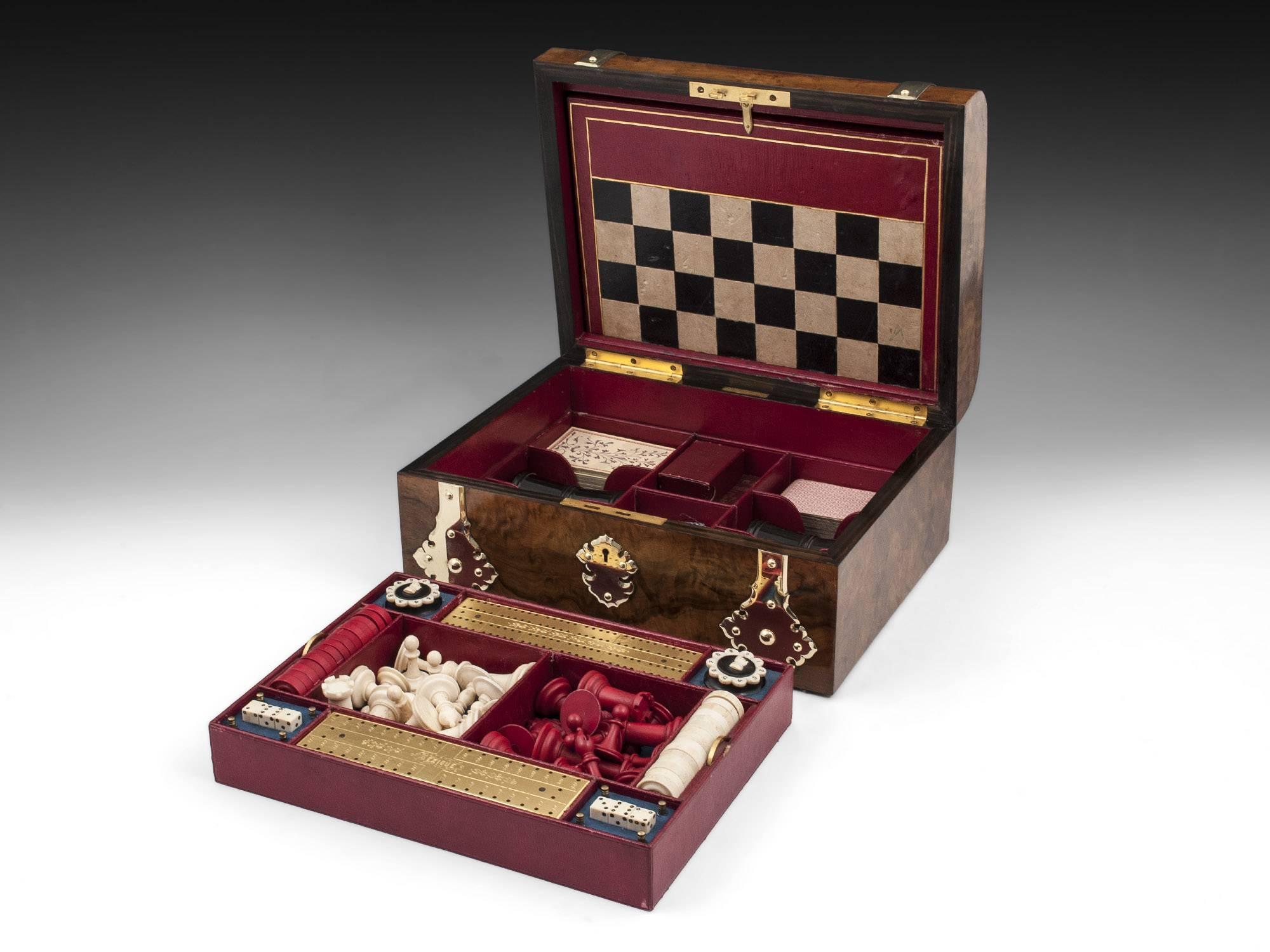 Wood Antique Backgammon Chess Games Compendium Poker Box with Ornate Brasswork For Sale