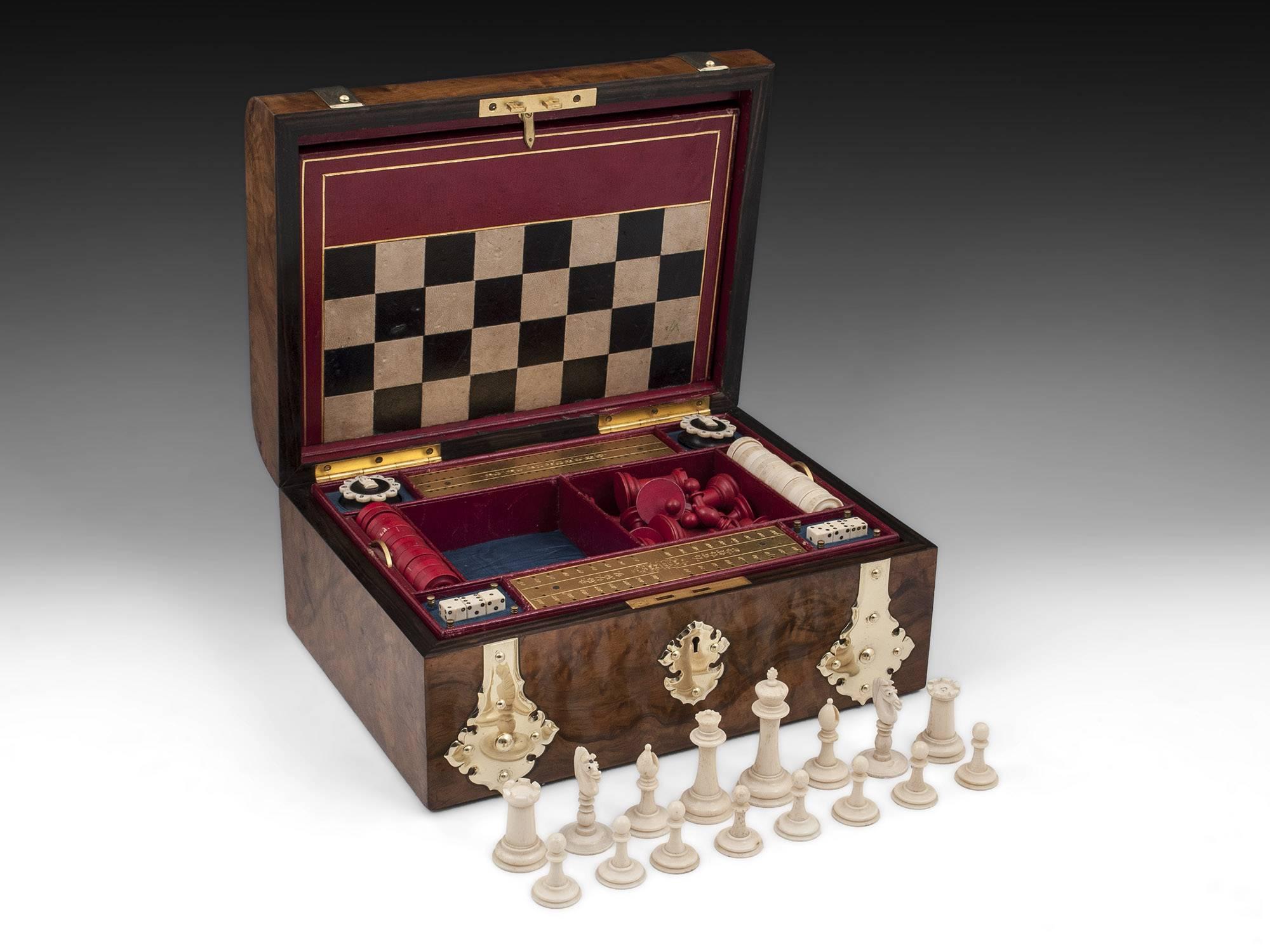 Antique Backgammon Chess Games Compendium Poker Box with Ornate Brasswork For Sale 1