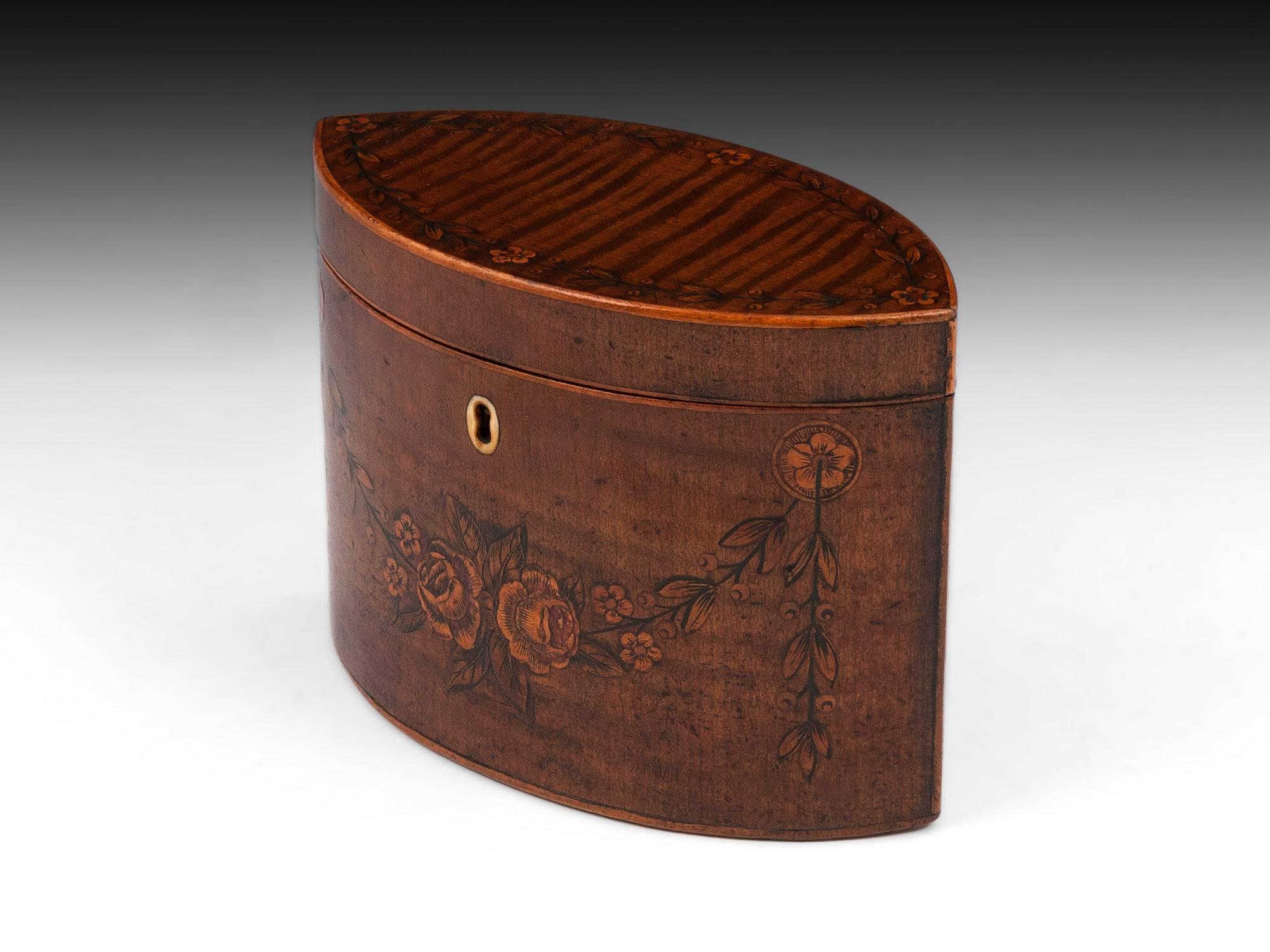 British Antique Navette Shaped Harewood Tea Caddy, 18th Century