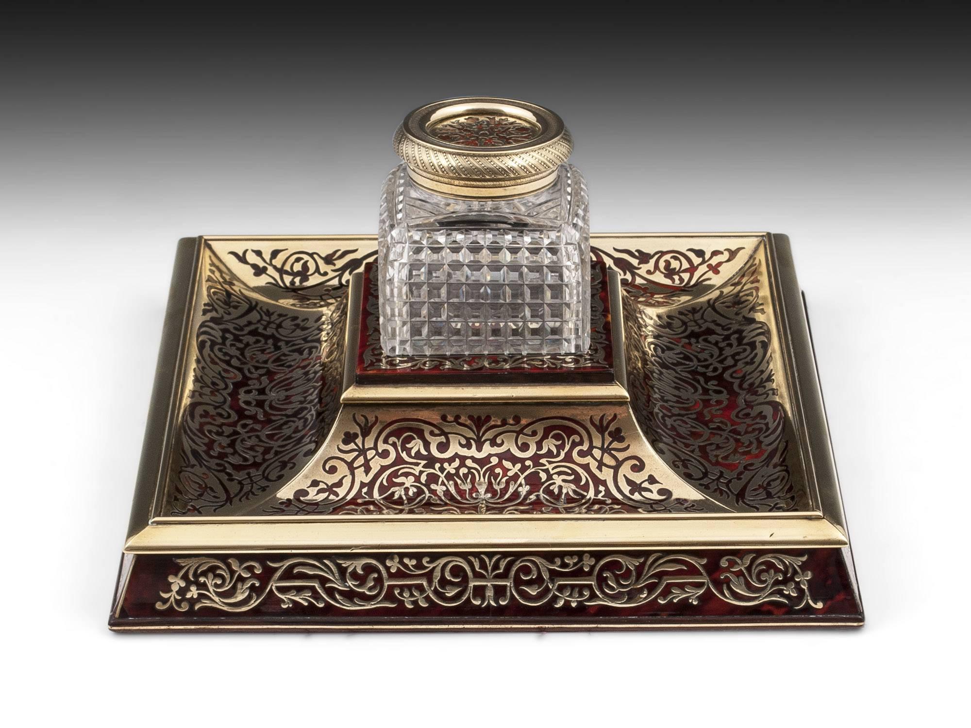 Stunning antique Boulle desk set comprising a stationery box, clock, pen Stand with inkwell, two candle sticks and two standing picture frames.
The candlesticks are labelled: Asprey & Co London
One of the picture frames is labelled on the stand: