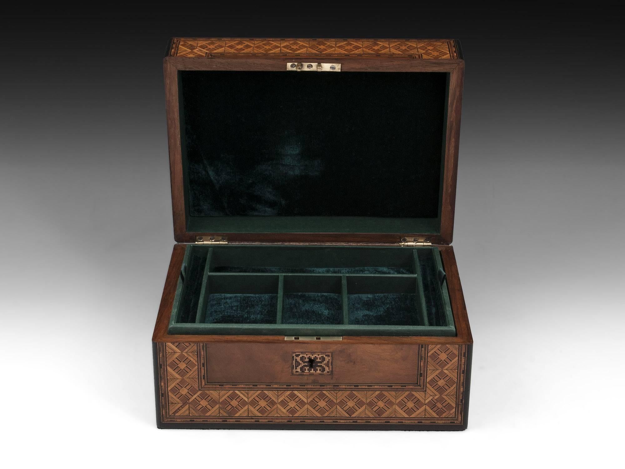 Velvet Walnut Antique Jewelry Box with Tunbridge Style Borders, 19th Century
