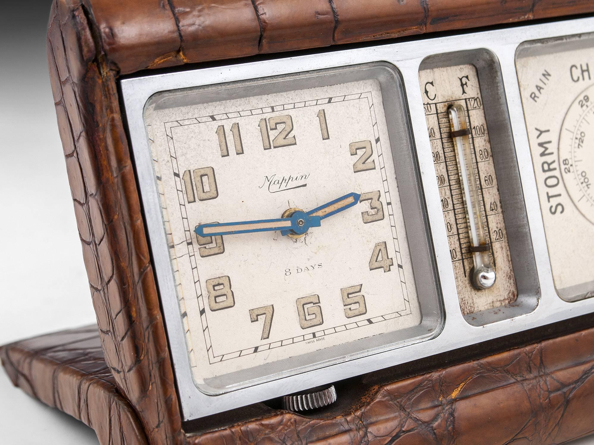 Art Deco Mappin & Webb Crocodile and Chrome Travel Clock and Barometer 4