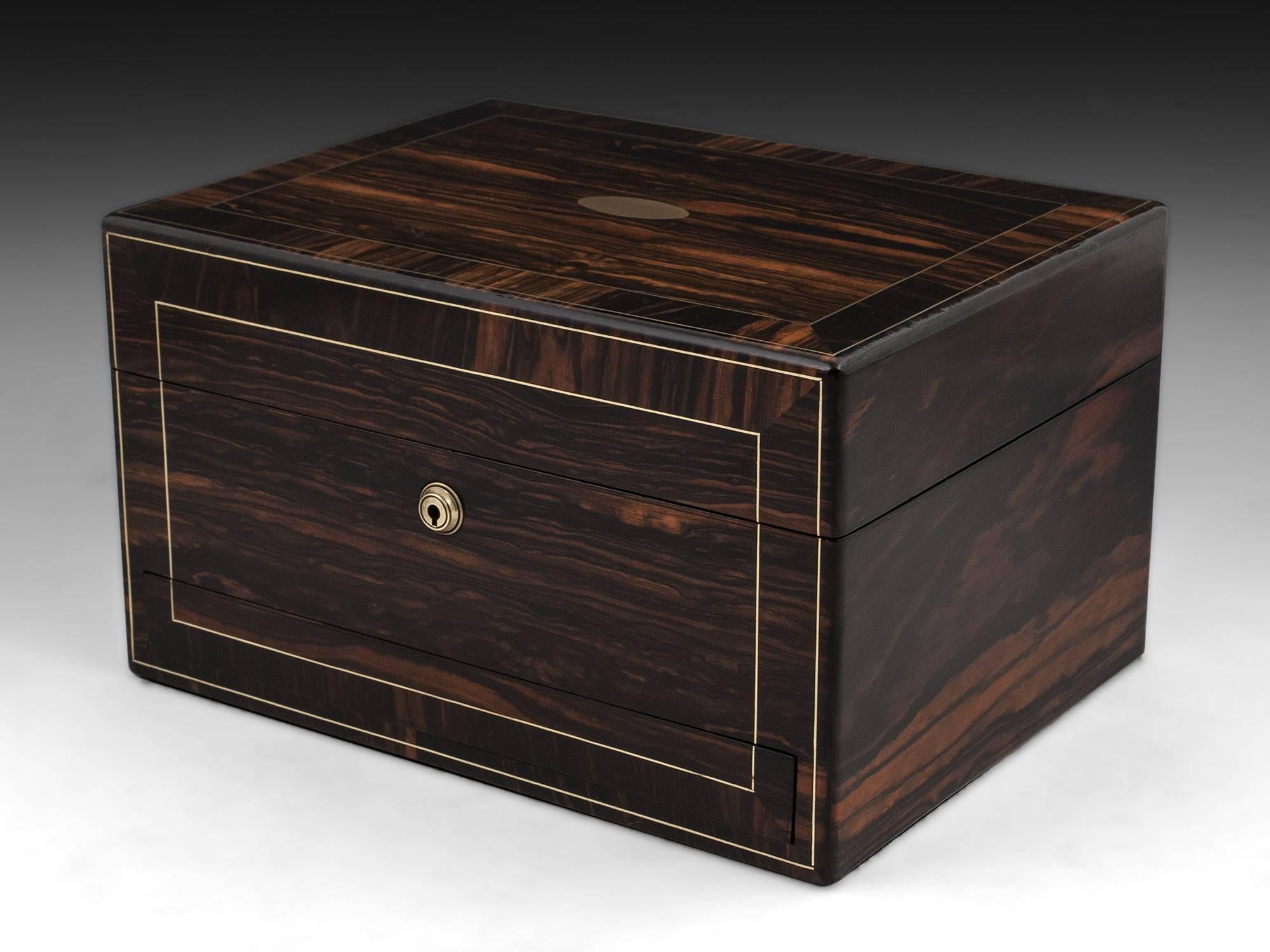 Antique jewelry box veneered in exotic coromandel with fine double brass stringing separating the fabulous crosscut coromandel veneers on the front and top, with vacant brass initial plate and escutcheon. 

Opening the coromandel jewelry box