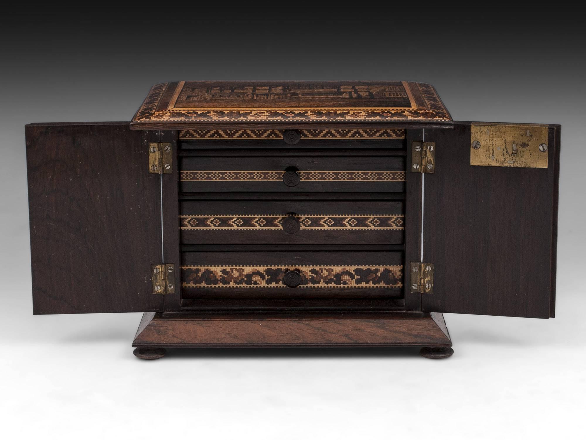 Wood Shakespeare Mahogany Tunbridge Ware Cabinet, 19th Century For Sale