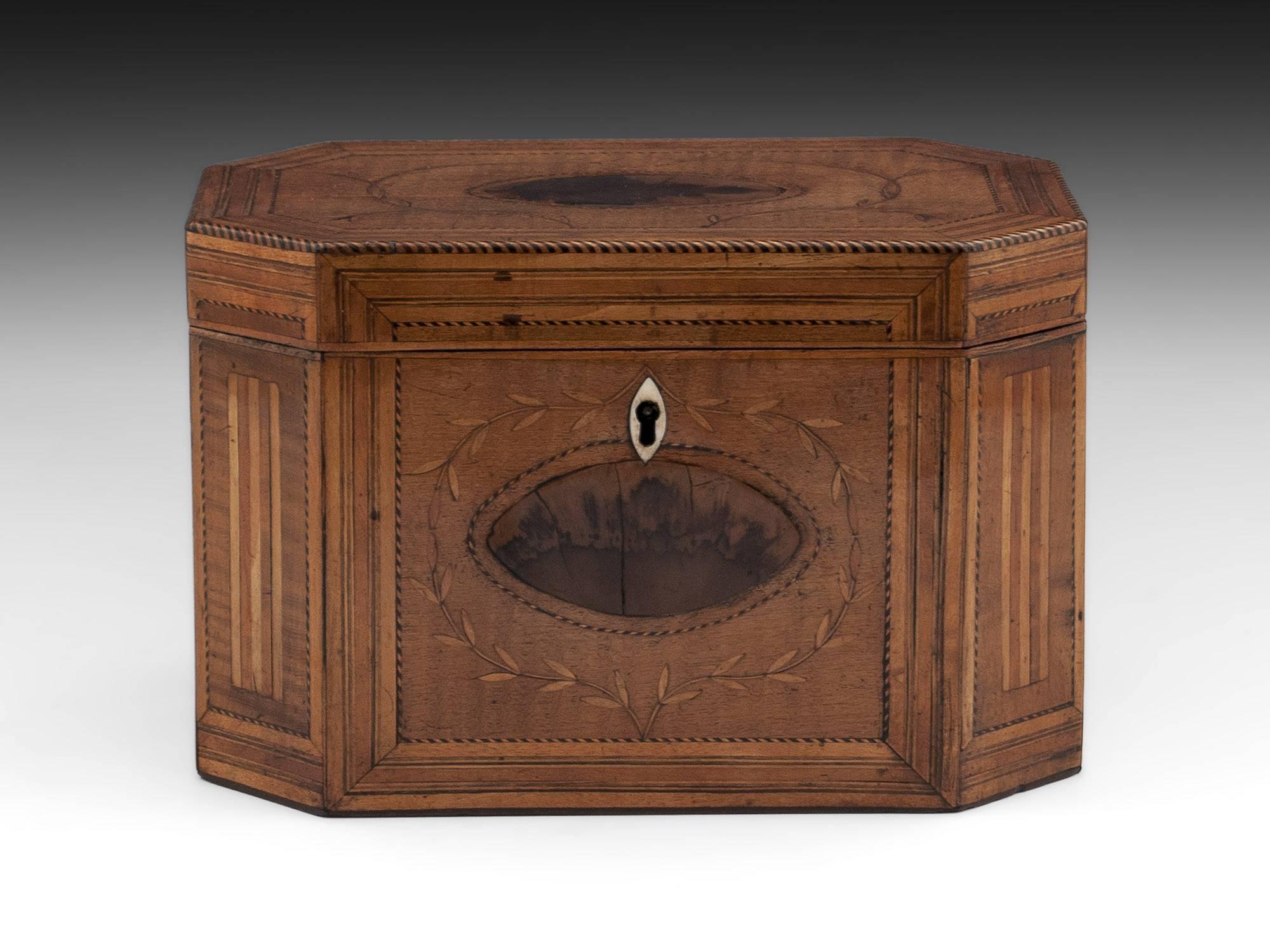 Georgian harewood tea caddy inlaid with boxwood and sycamore fluted cants, its edged and inlaid with a chequered boxwood and ebony stringing. This wonderful georgian tea caddy is inlaid with superb black thorn oysters, to the top, front, and both