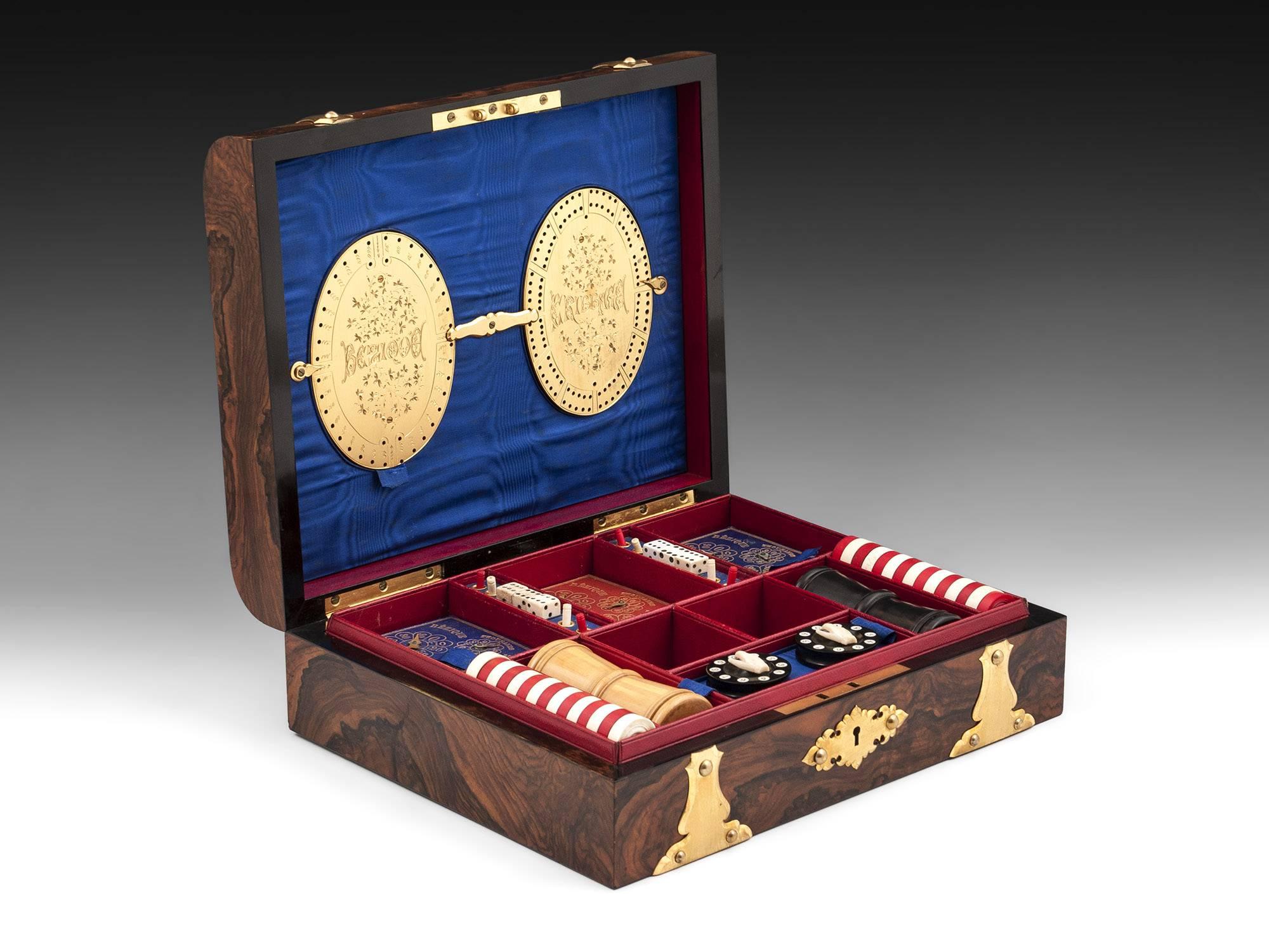 Betjemann Feathered Walnut and Brass Games Box For Sale 2