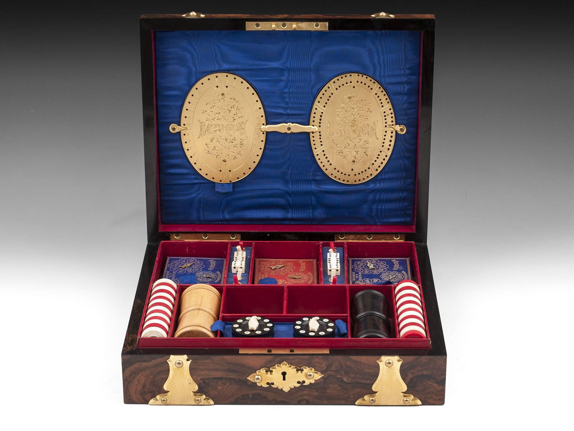 Betjemann Feathered Walnut and Brass Games Box In Good Condition For Sale In Northampton, United Kingdom