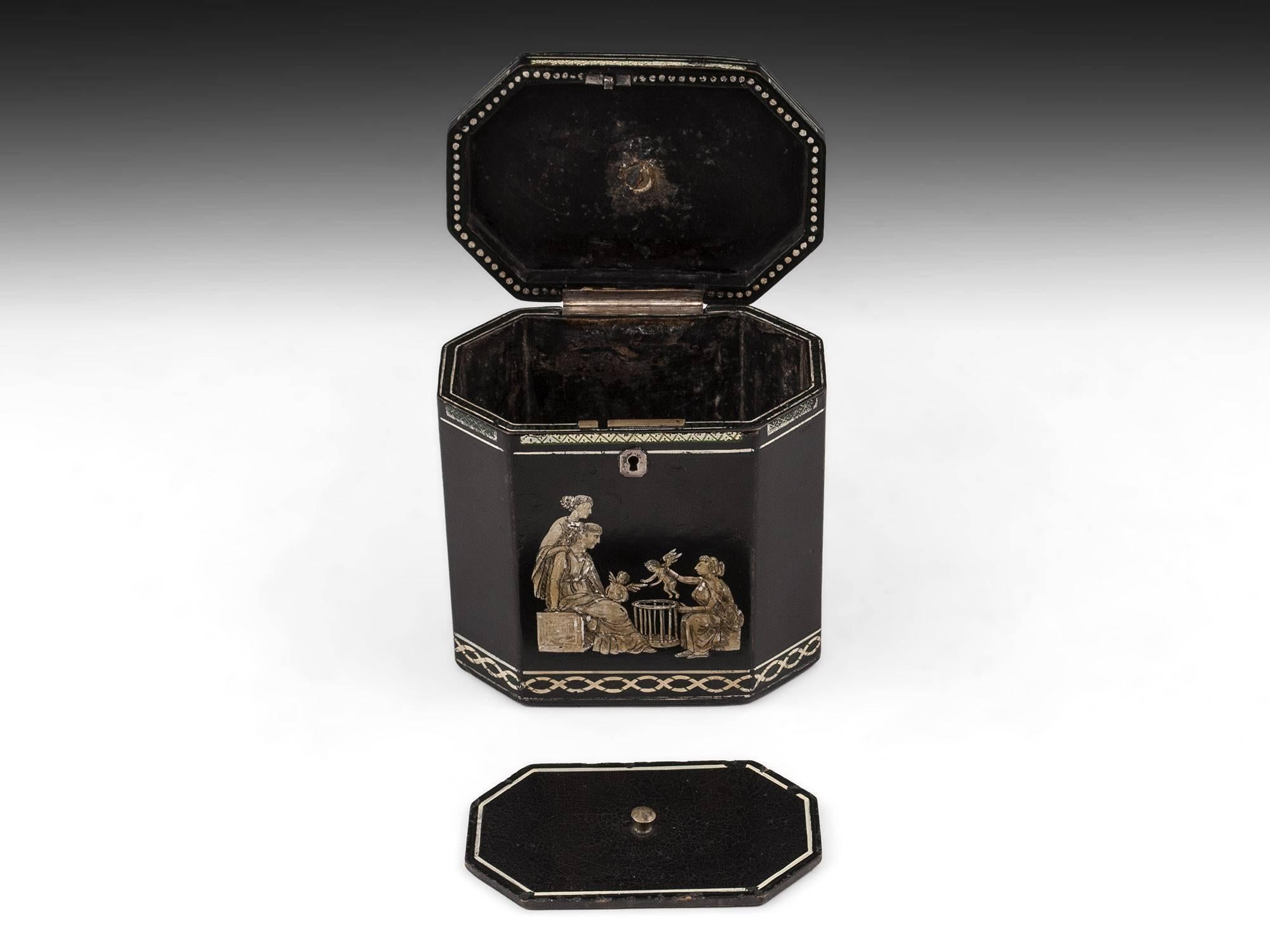 18th Century Papier Mâché Octagonal Tea Caddy by Henry Clay In Distressed Condition In Northampton, United Kingdom