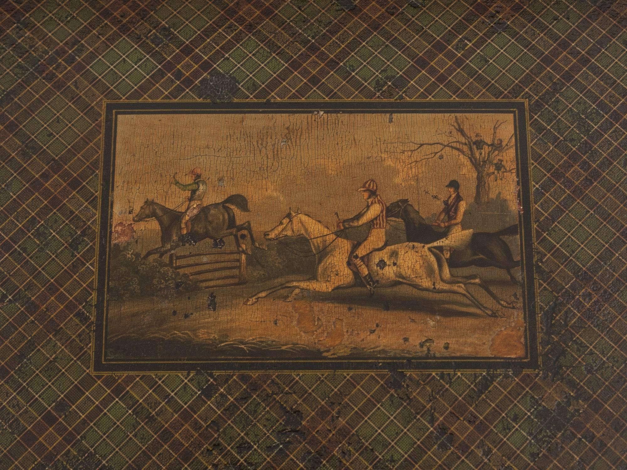 British Antique Tartan Ware Steeple Chase Horses Equestrian Tea Caddy, 19th Century