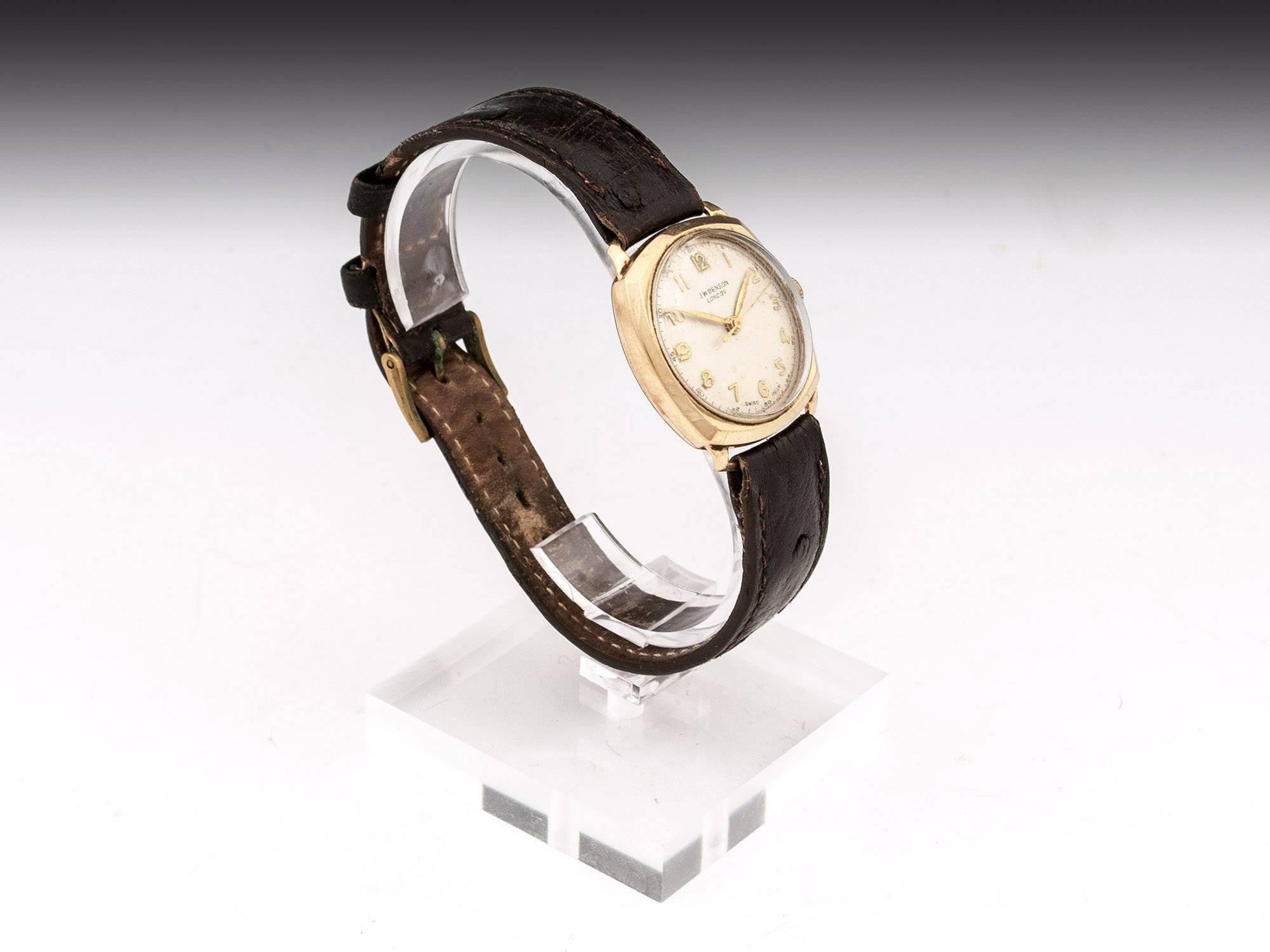 British 19-Carat Gold Wrist Watch by J. W. Benson 20th Century For Sale