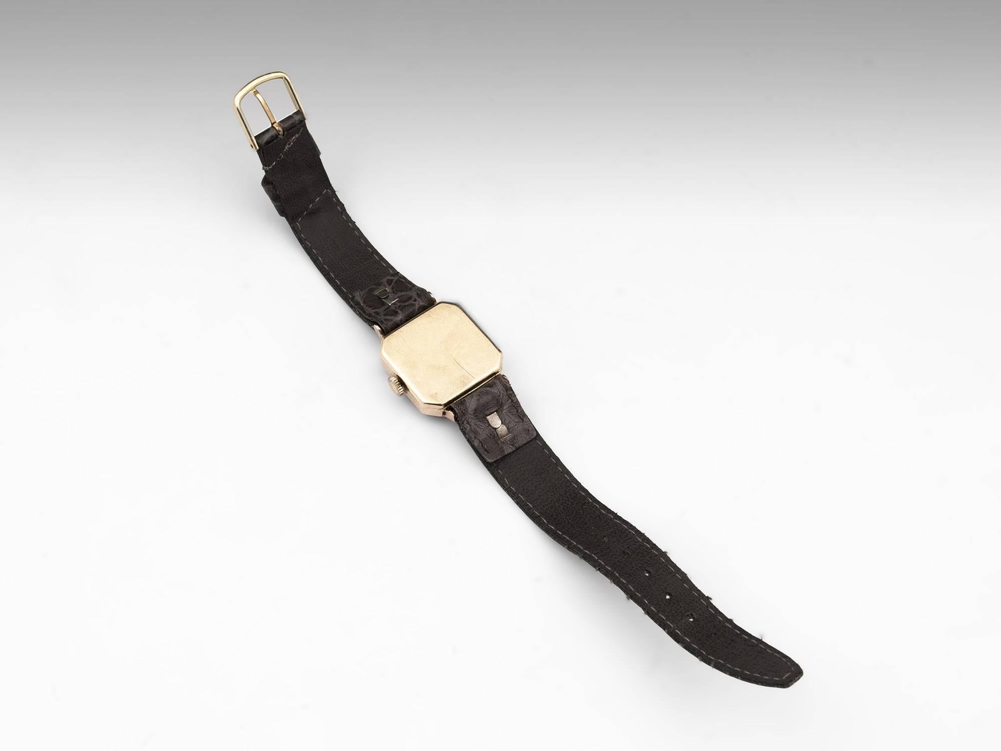 British Vintage Trebex 9-Carat Gold Wrist watch with Leather Strap For Sale