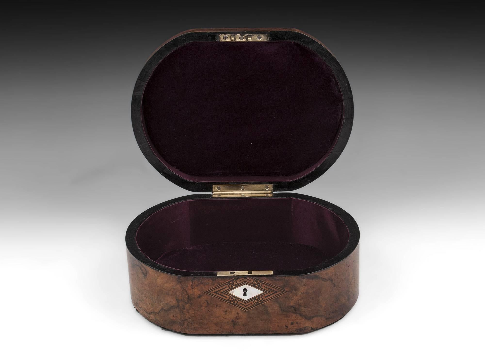 Brass Antique Figured Walnut Oval Jewelry Box, 19th Century