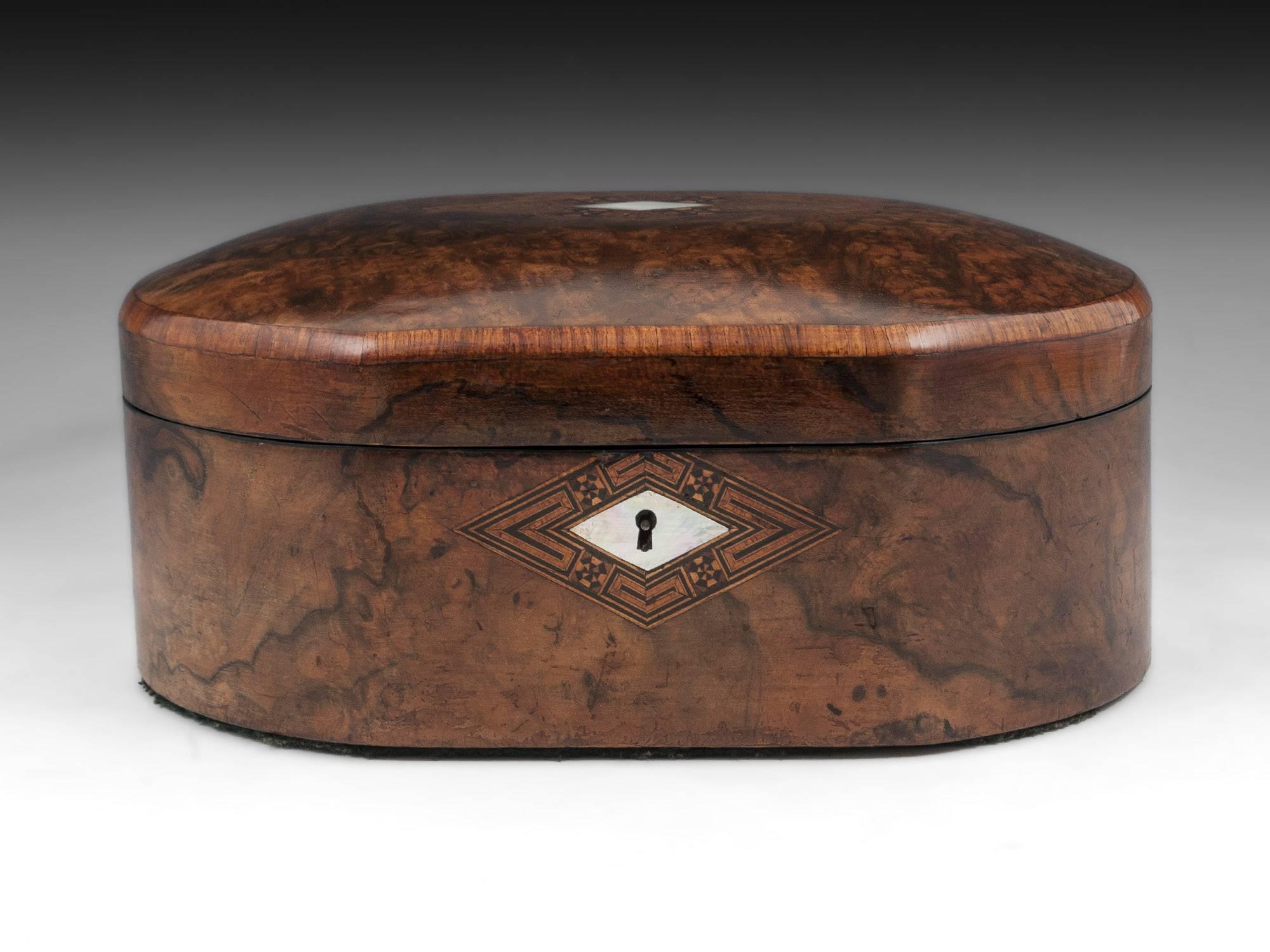 Victorian Antique Figured Walnut Oval Jewelry Box, 19th Century