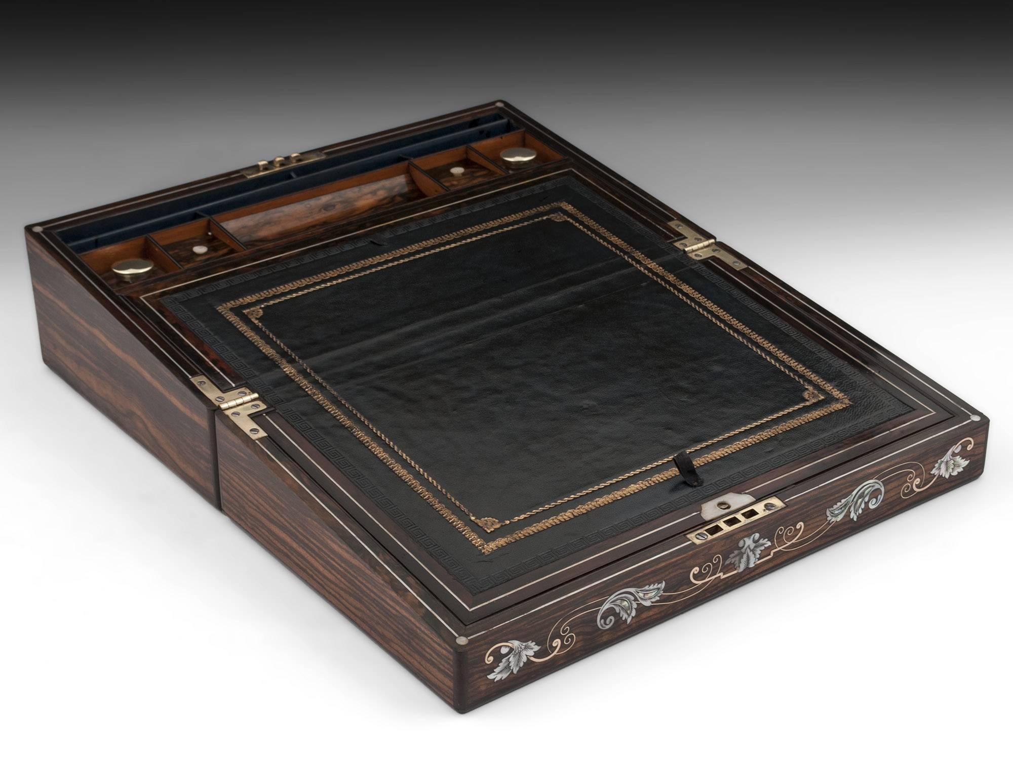 Antique Calamander Writing Box with Mother-of-Pearl, Abalone and Brass Inlays In Good Condition In Northampton, United Kingdom