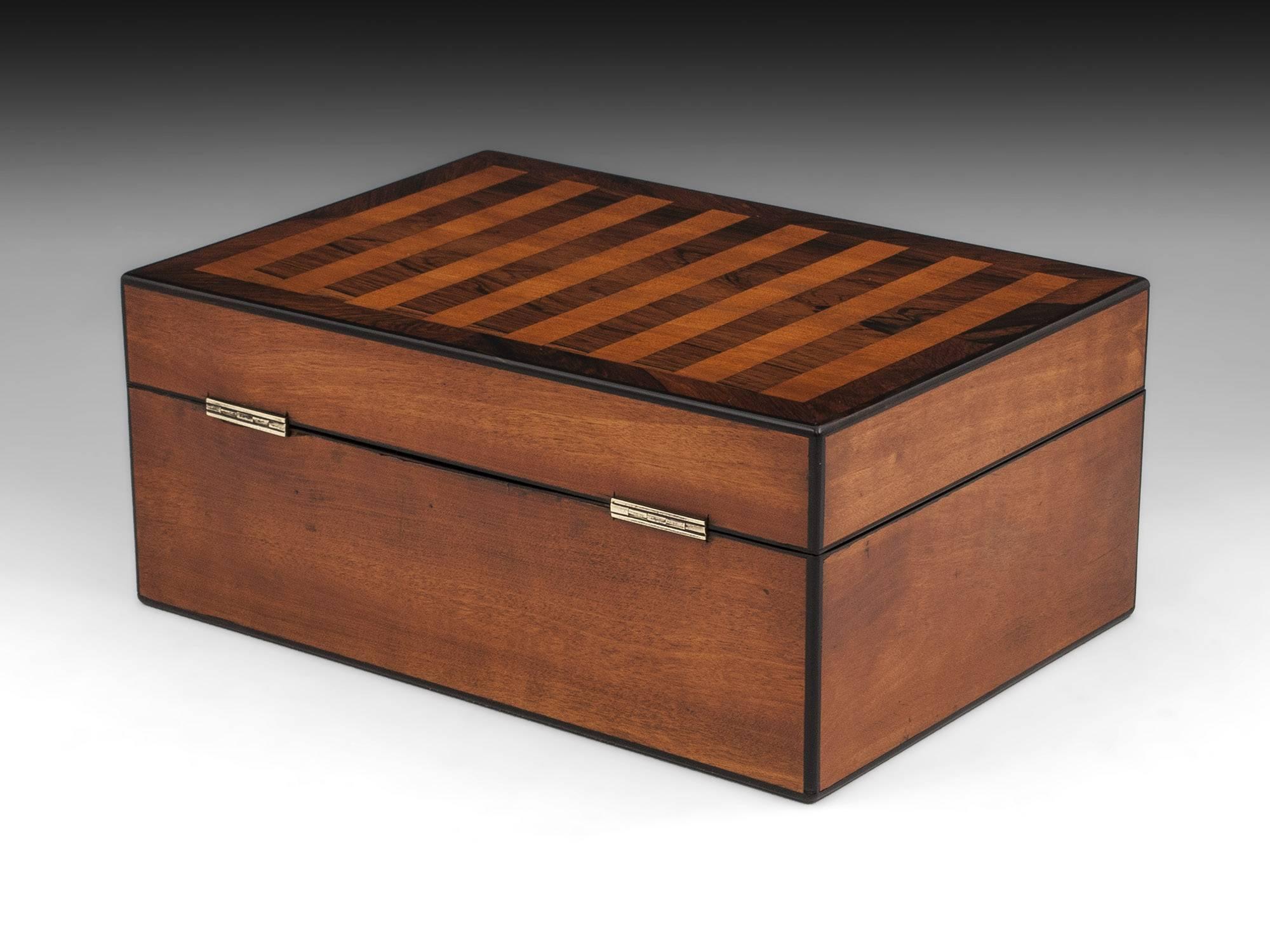 Antique Mahogany and Satinwood Striped Jewelry Box, 19th Century In Good Condition In Northampton, United Kingdom