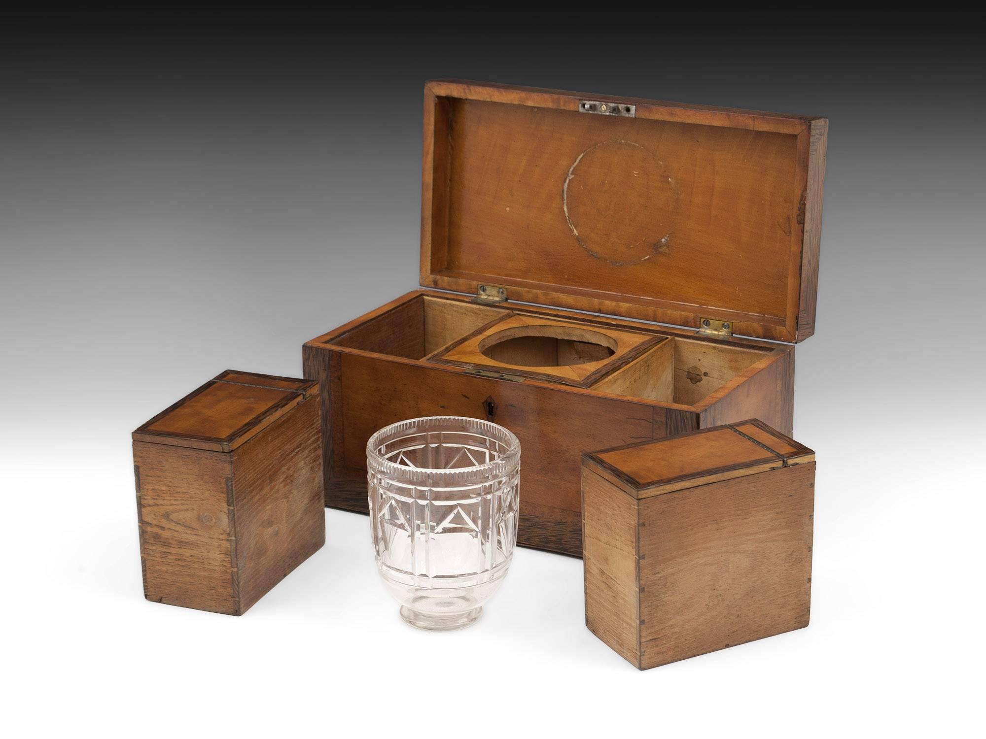 Georgian Satinwood Tea Chest with Glass Tea Caddy Bowl, 19th Century In Good Condition For Sale In Northampton, United Kingdom