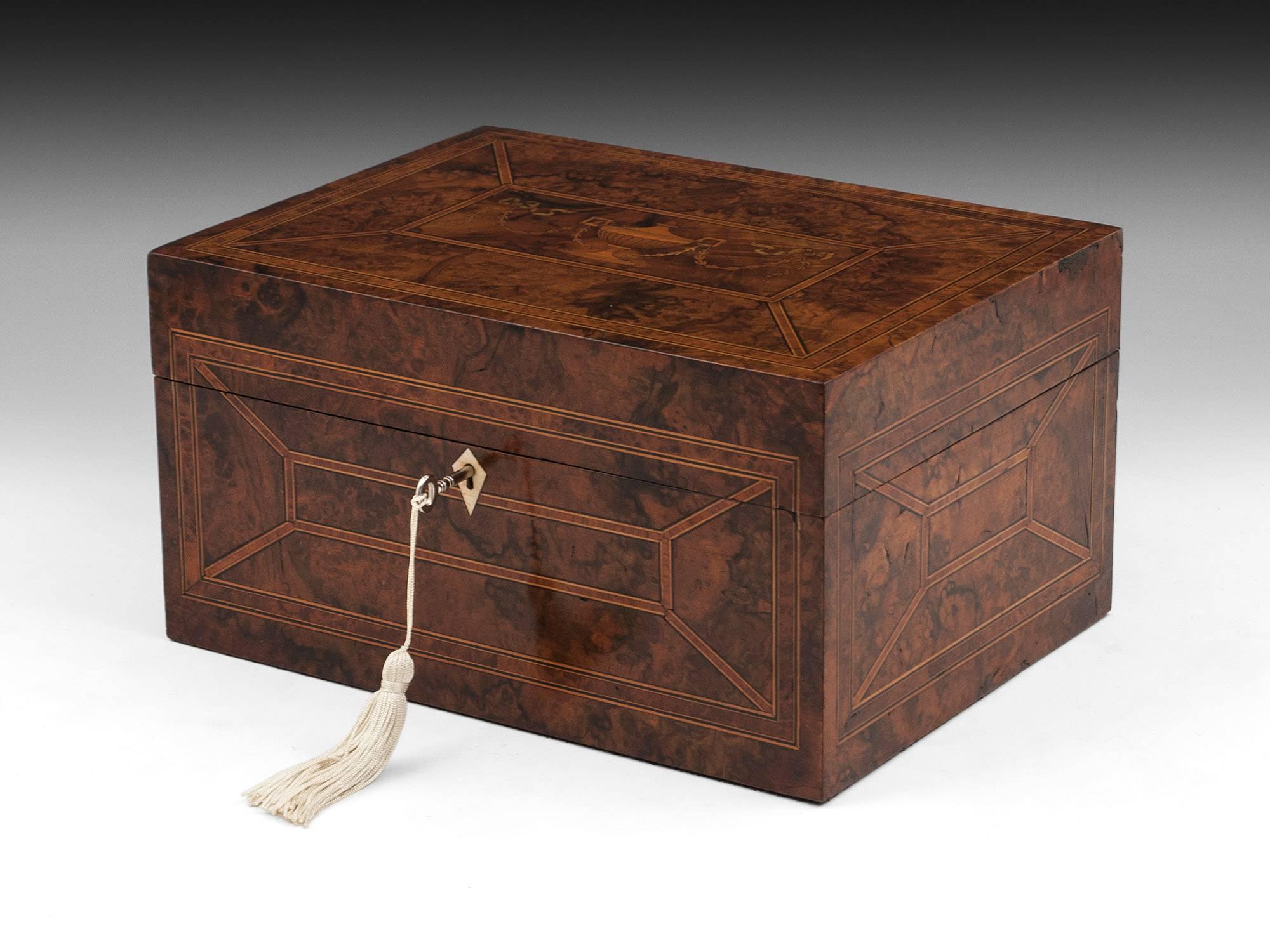 Antique Burr Walnut Inlaid Urn Jewelry Box, Early 20th Century 4