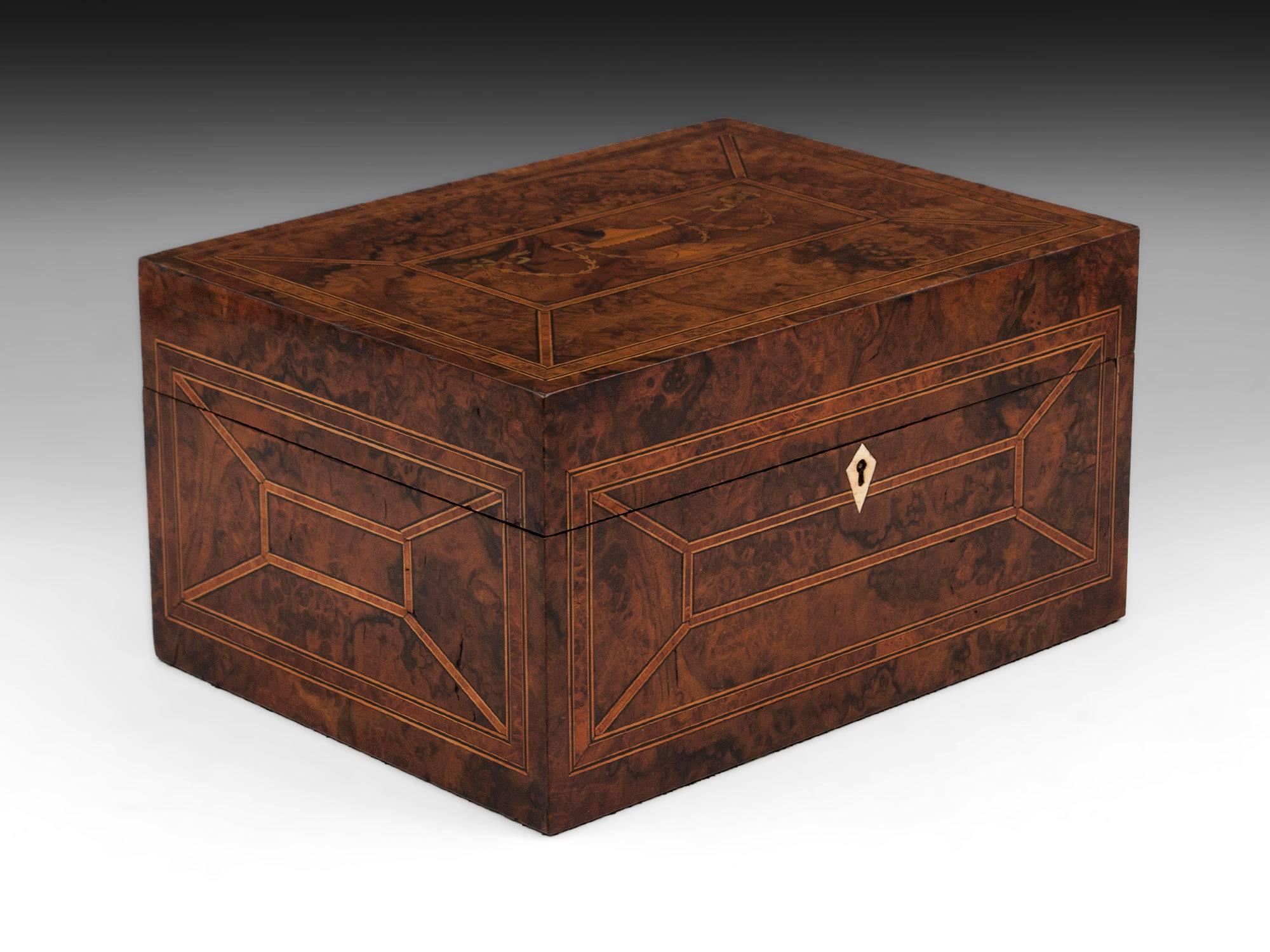 British Antique Burr Walnut Inlaid Urn Jewelry Box, Early 20th Century