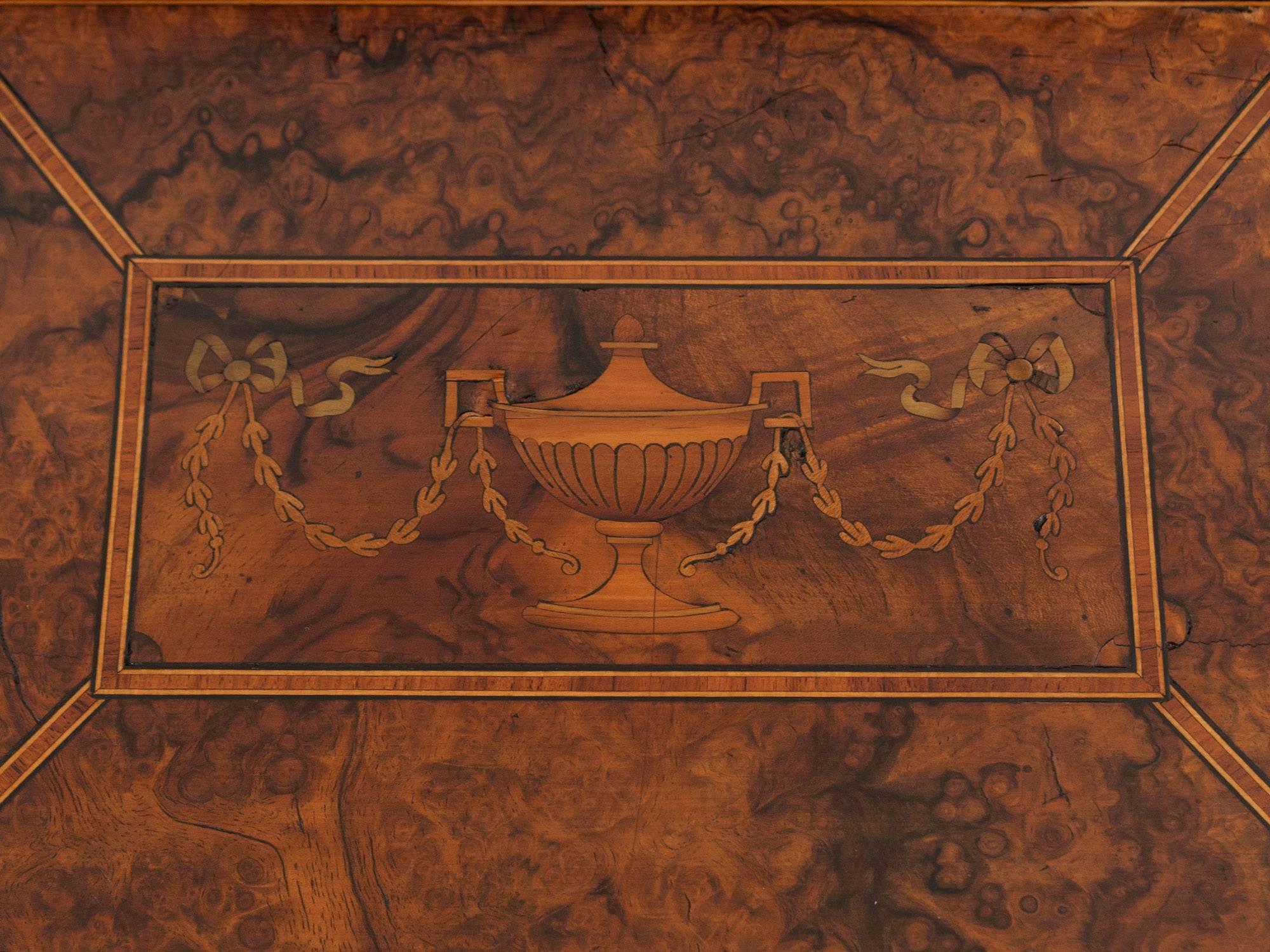 Victorian Antique Burr Walnut Inlaid Urn Jewelry Box, Early 20th Century