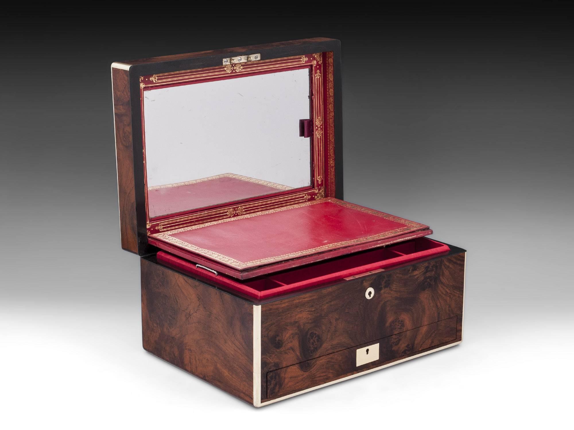 Amboyna Brass Bound Velvet Lined Antique Jewelry Box, 19th Century 1