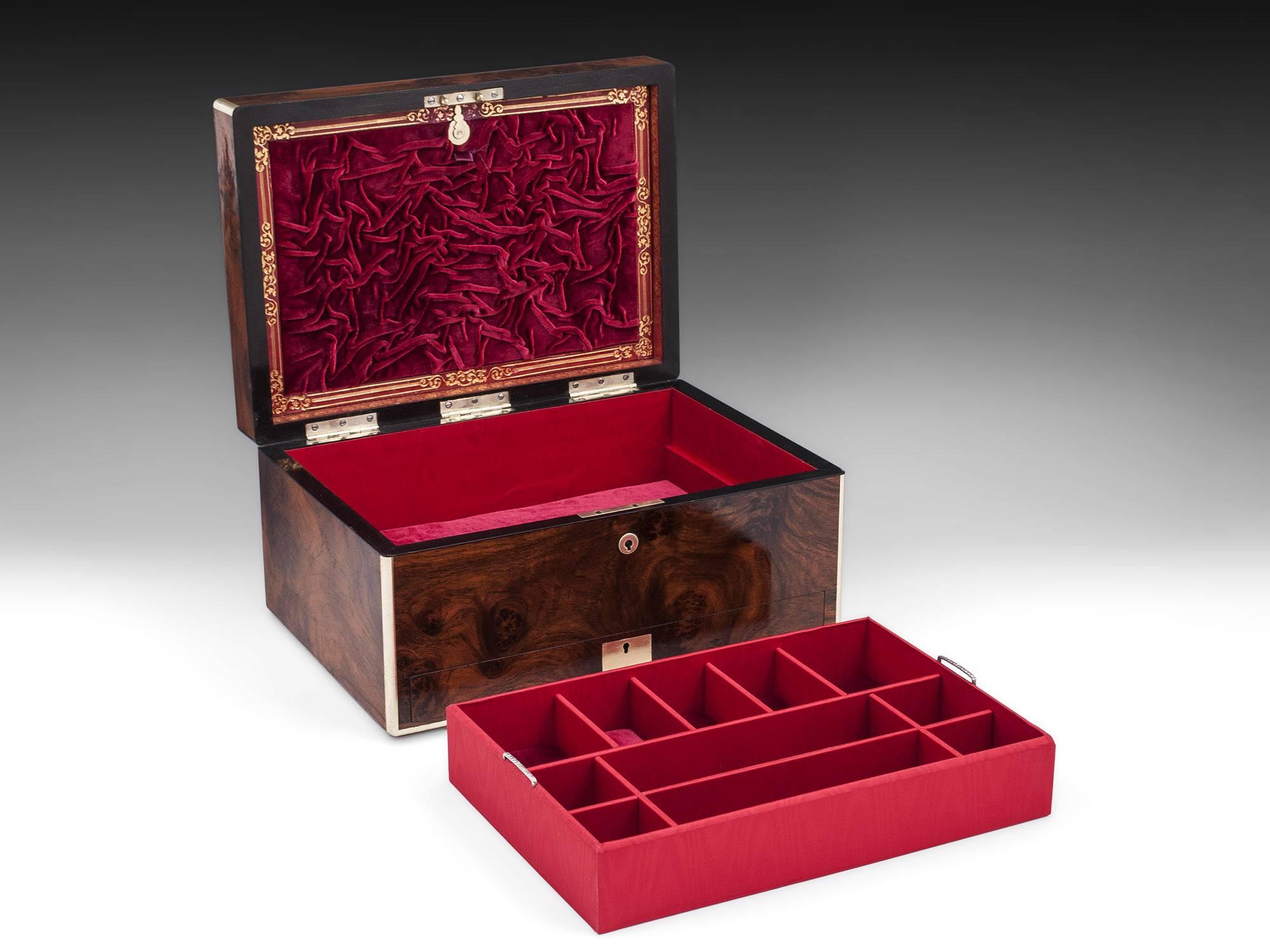 Amboyna Brass Bound Velvet Lined Antique Jewelry Box, 19th Century 4
