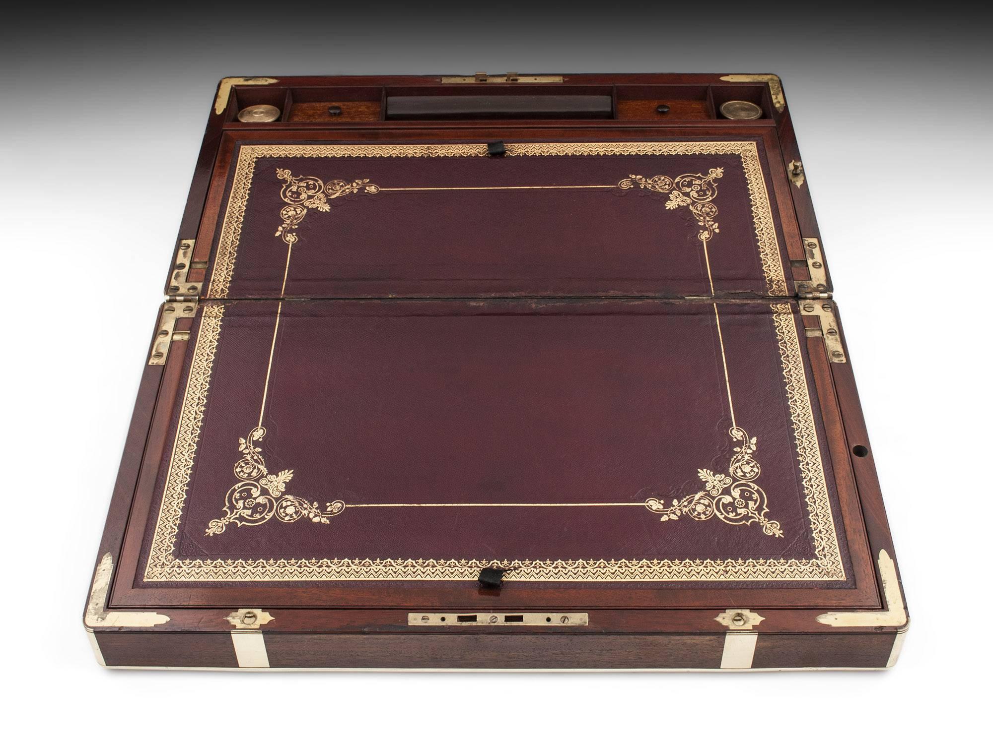 British Antique Mahogany Brass Bound Writing Box by Toulmin & Gale, 19th Century