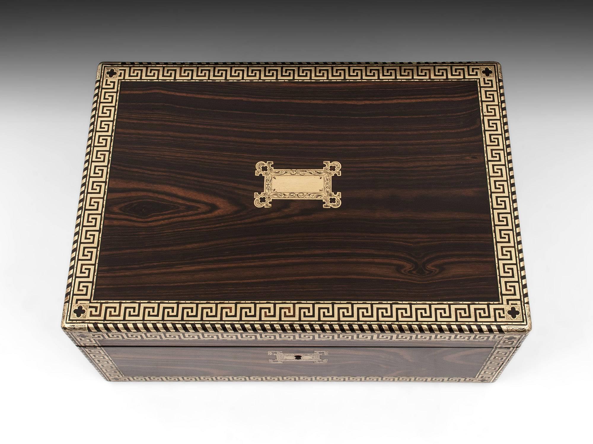 Victorian Antique Greek Key Calamander and Brass Writing Box, 19th Century For Sale