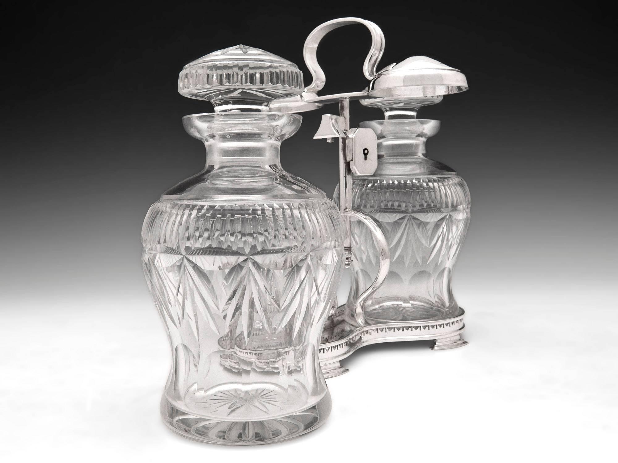 Late Victorian Silver Plated Spin Top Cut Glass Tantalus Decanters