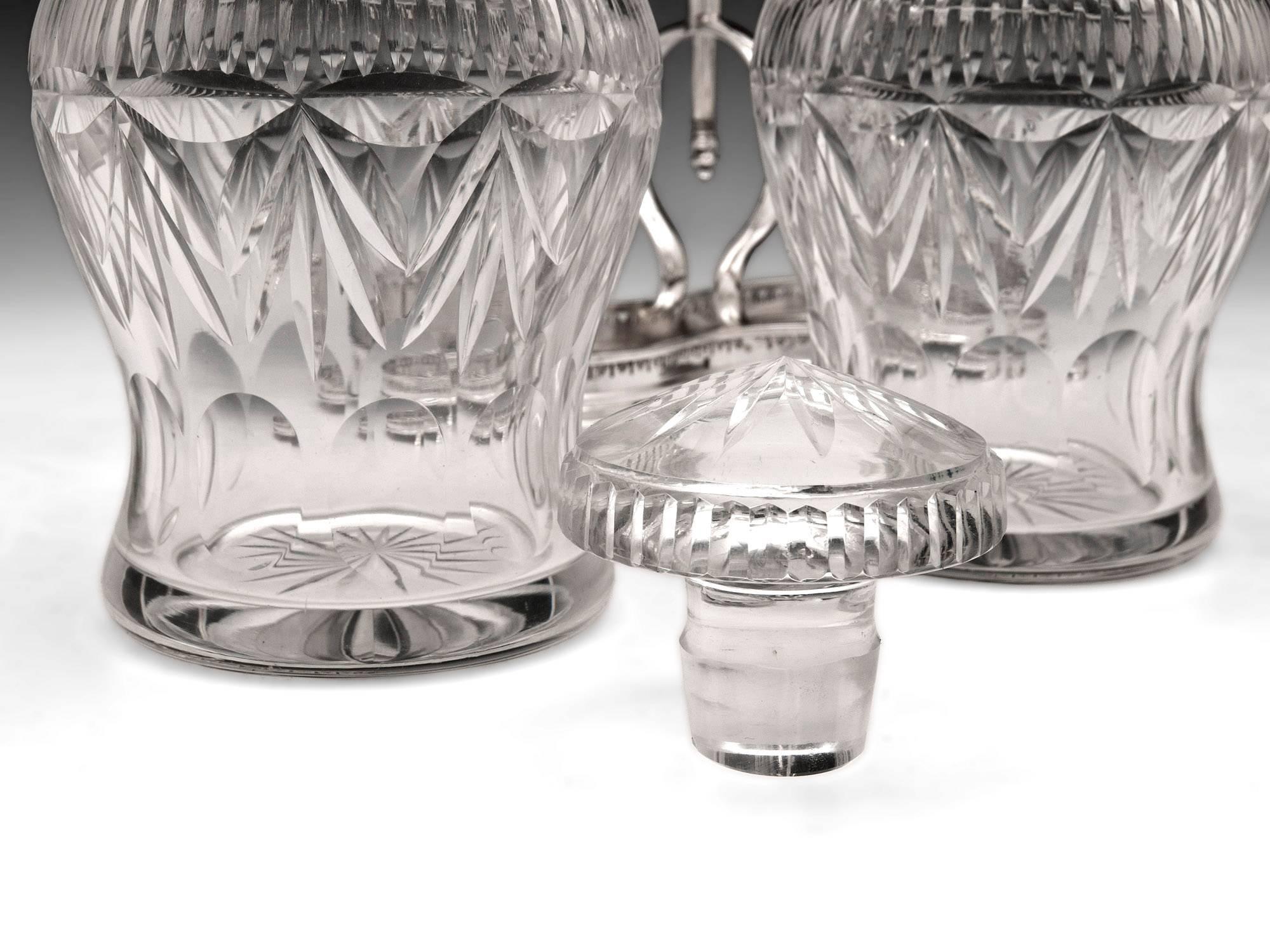 Silver Plated Spin Top Cut Glass Tantalus Decanters In Excellent Condition In Northampton, United Kingdom
