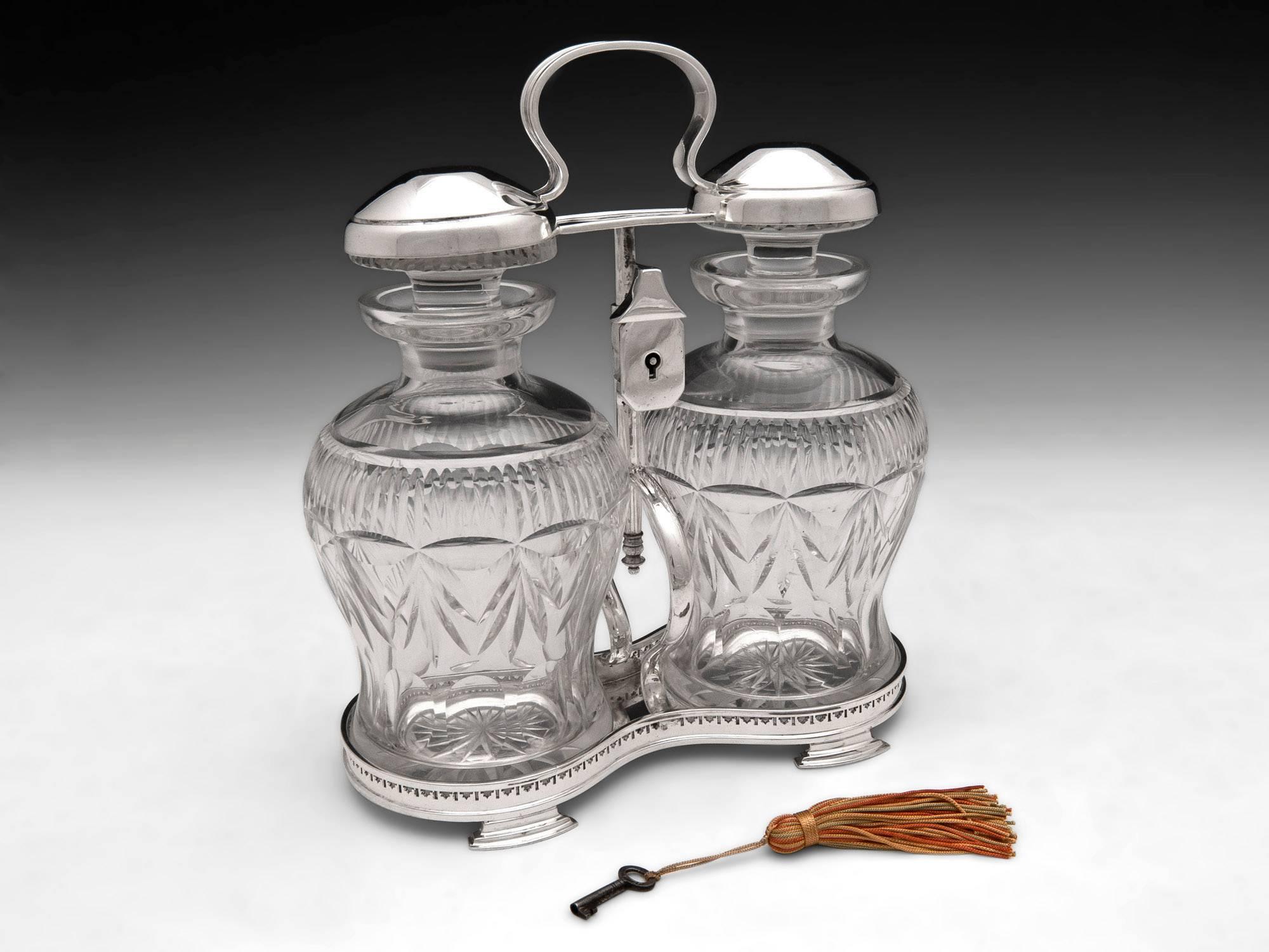 Silver Plated Spin Top Cut Glass Tantalus Decanters 2